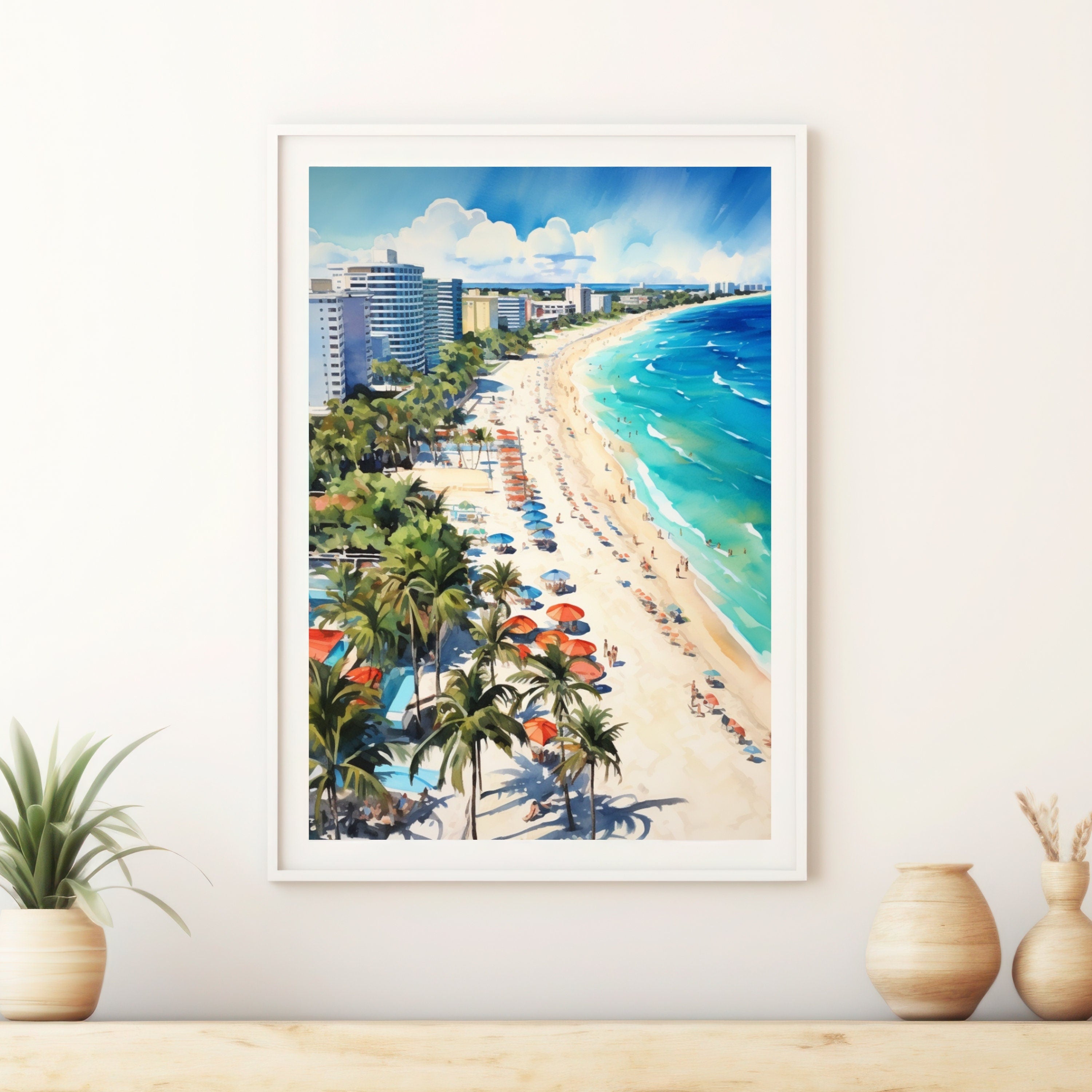 South Beach Miami inspired Watercolor Painting | Florida Beaches Wall Art | Living Room Decor | Affordable Prints