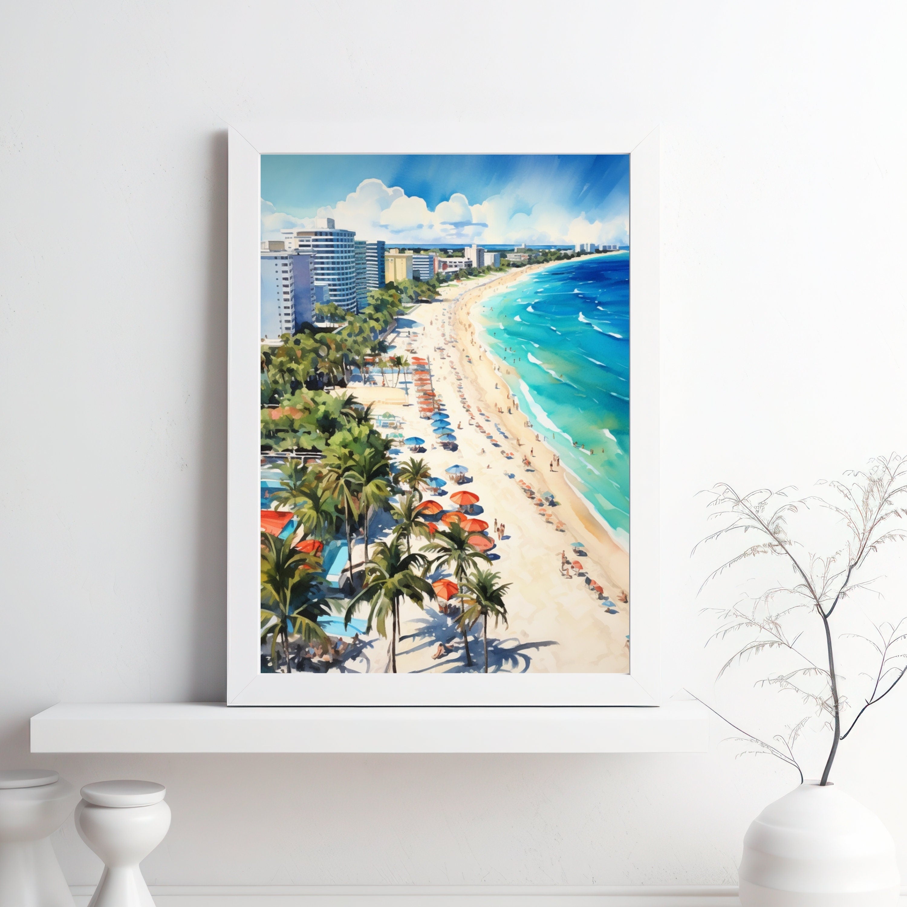 South Beach Miami inspired Watercolor Painting | Florida Beaches Wall Art | Living Room Decor | Affordable Prints