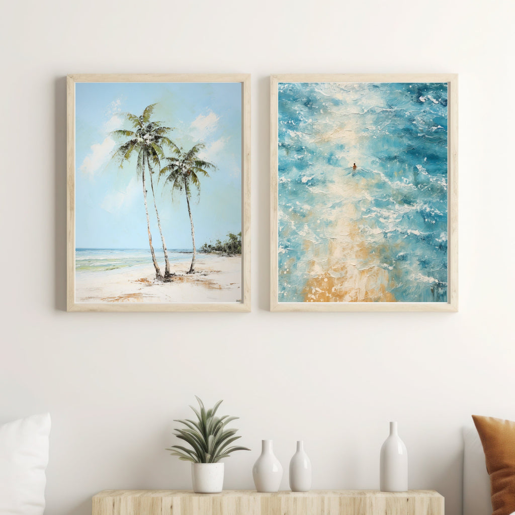 Serenity by the Shore: Tranquil Palm Tree Watercolor Painting, Coastal Beach Art, Ocean Landscape Deco