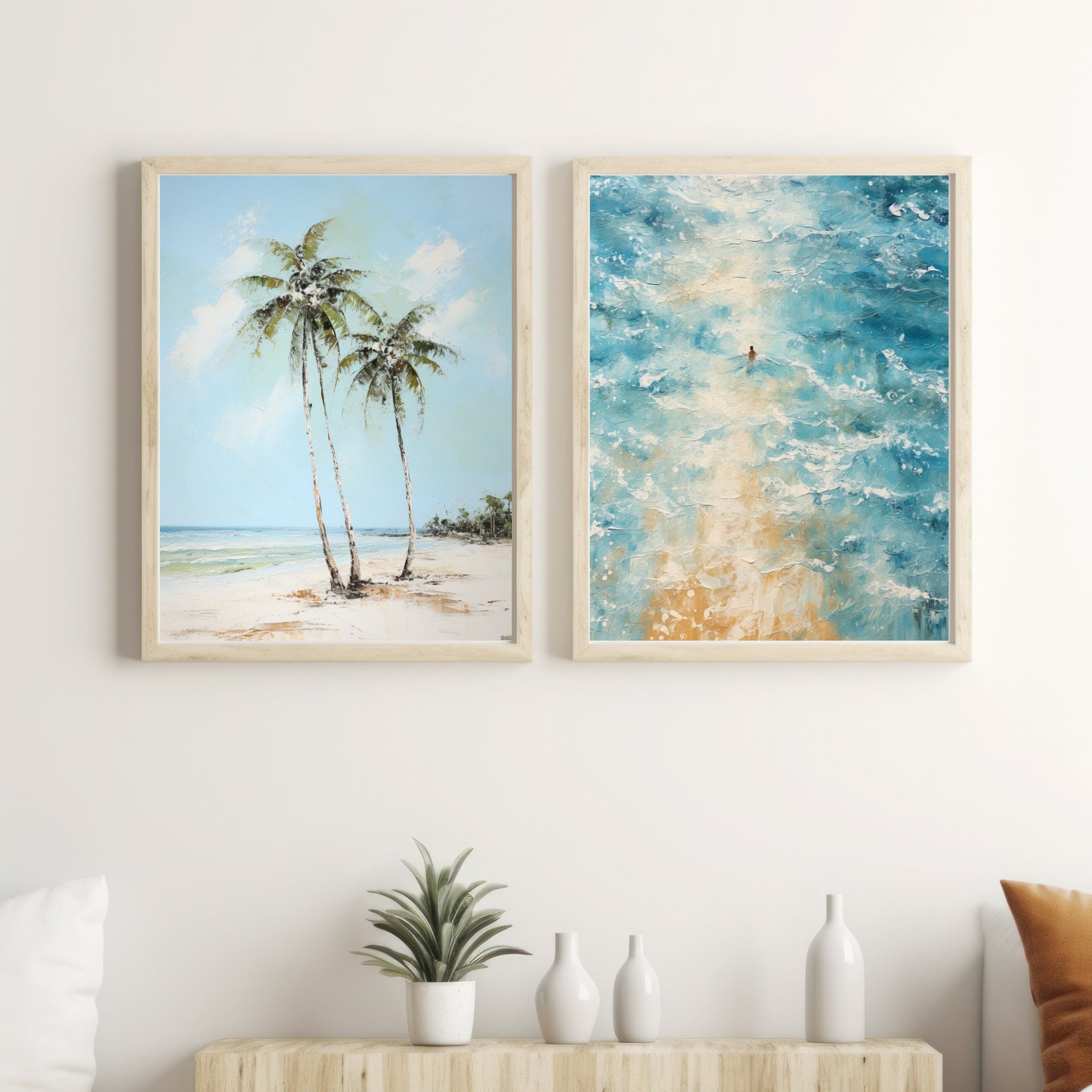 Serenity by the Shore: Tranquil Palm Tree Watercolor Painting, Coastal Beach Art, Ocean Landscape Deco