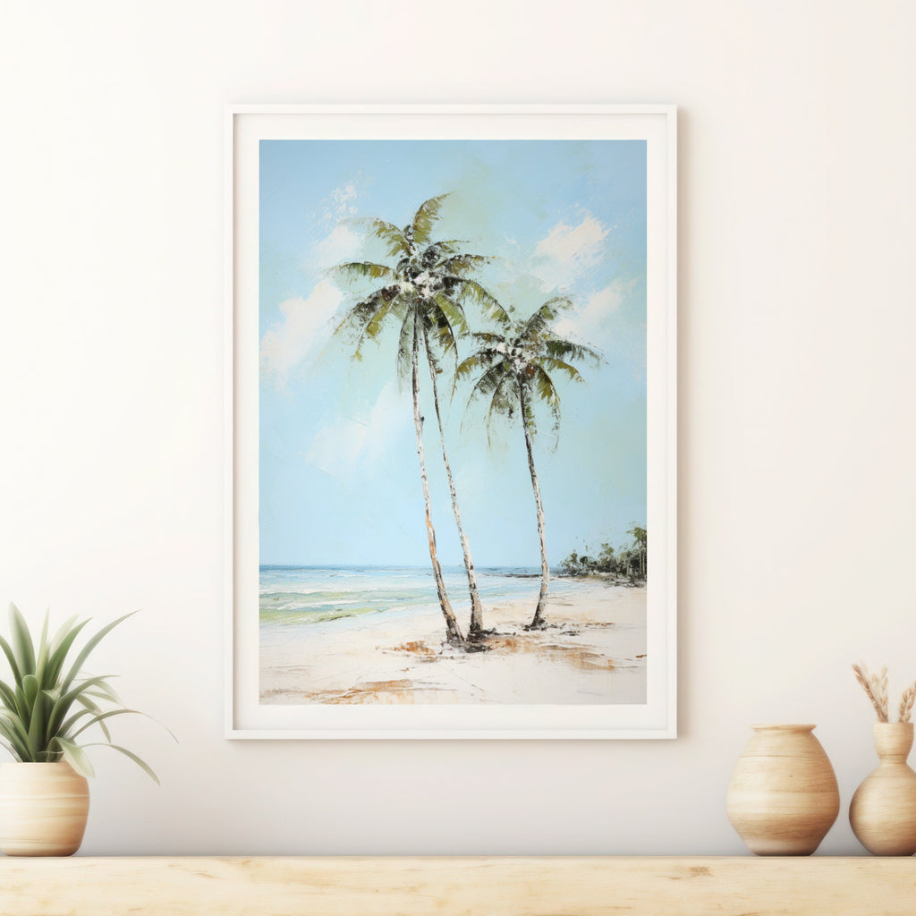 Serenity by the Shore: Tranquil Palm Tree Watercolor Painting, Coastal Beach Art, Ocean Landscape Deco