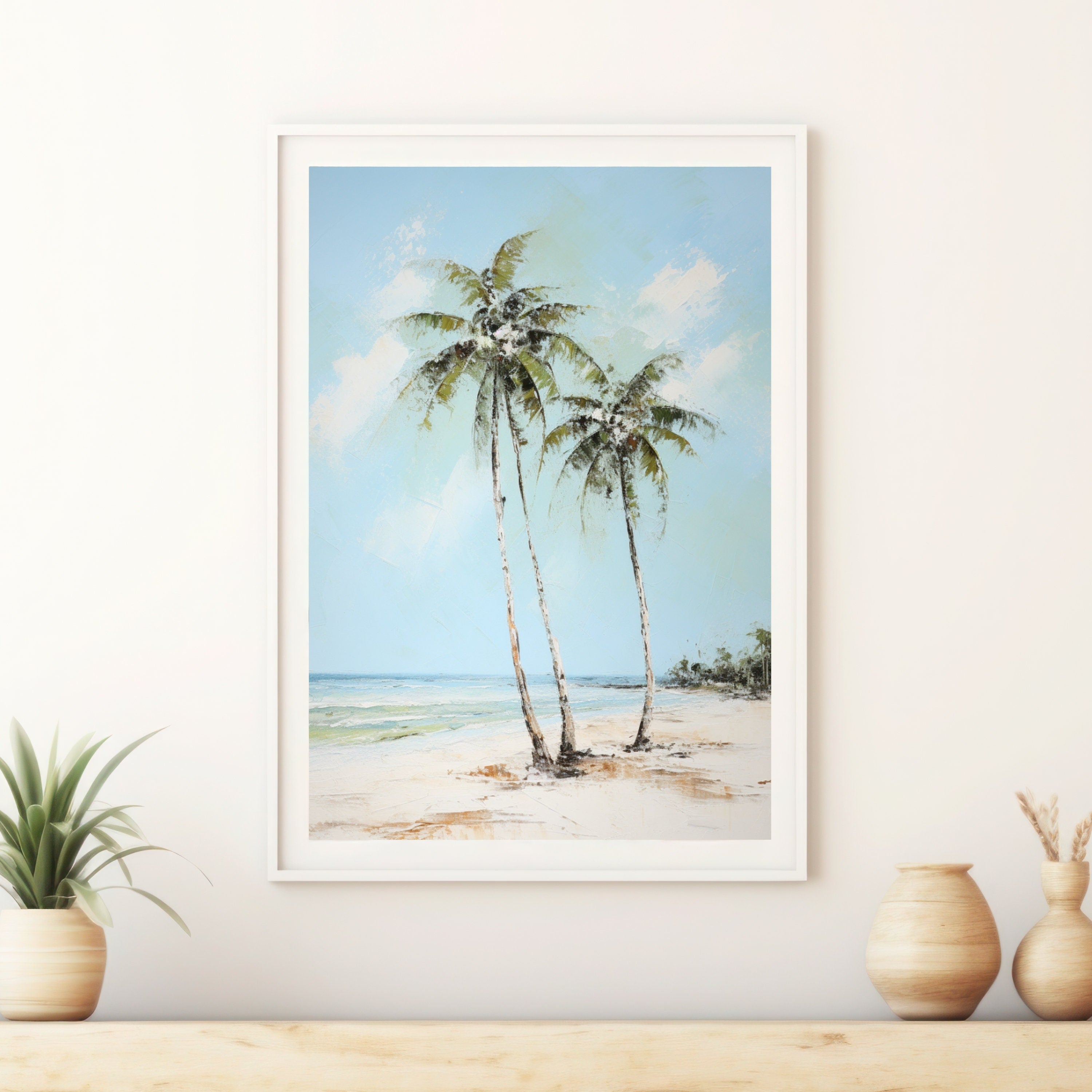 Serenity by the Shore: Tranquil Palm Tree Watercolor Painting, Coastal Beach Art, Ocean Landscape Deco