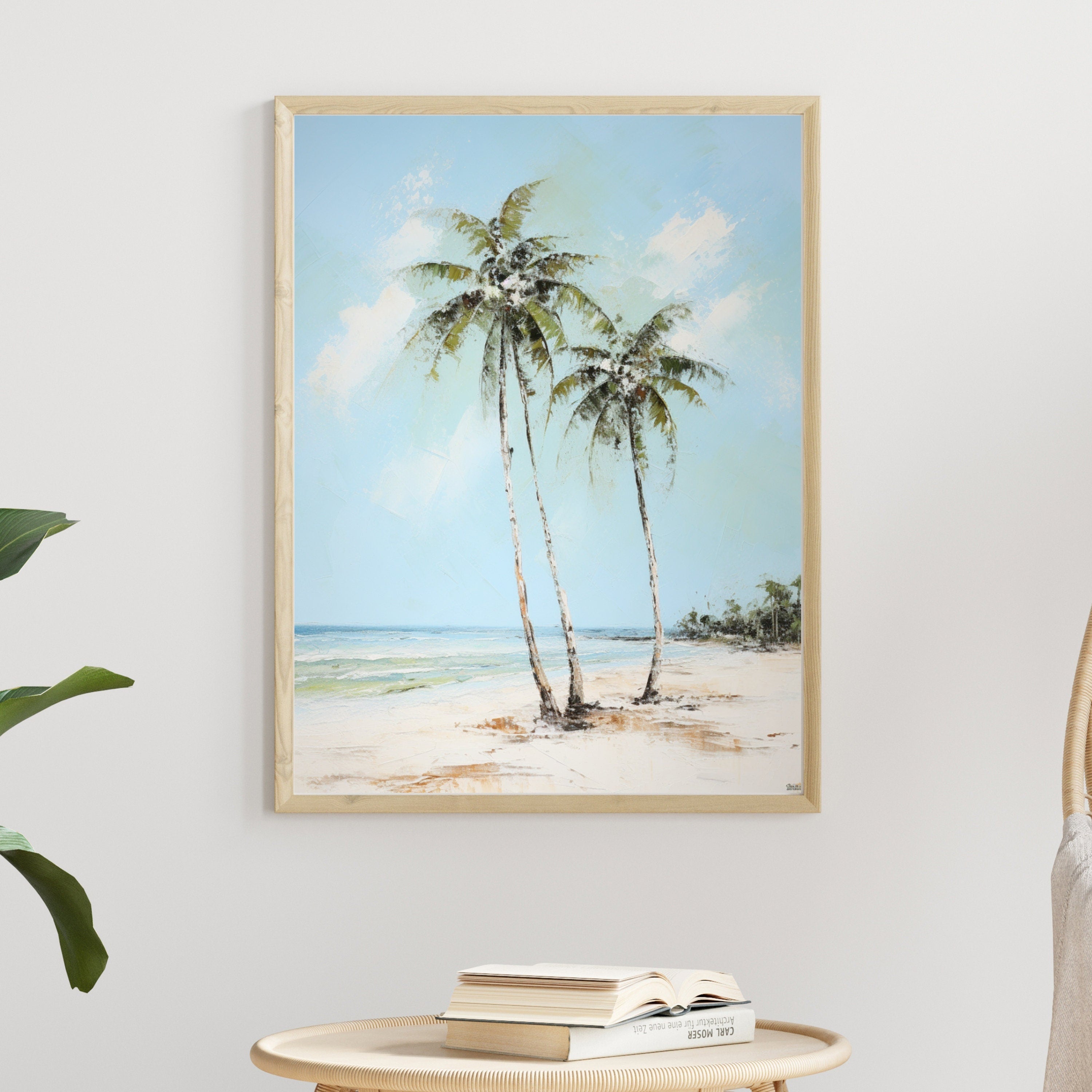 Serenity by the Shore: Tranquil Palm Tree Watercolor Painting, Coastal Beach Art, Ocean Landscape Deco