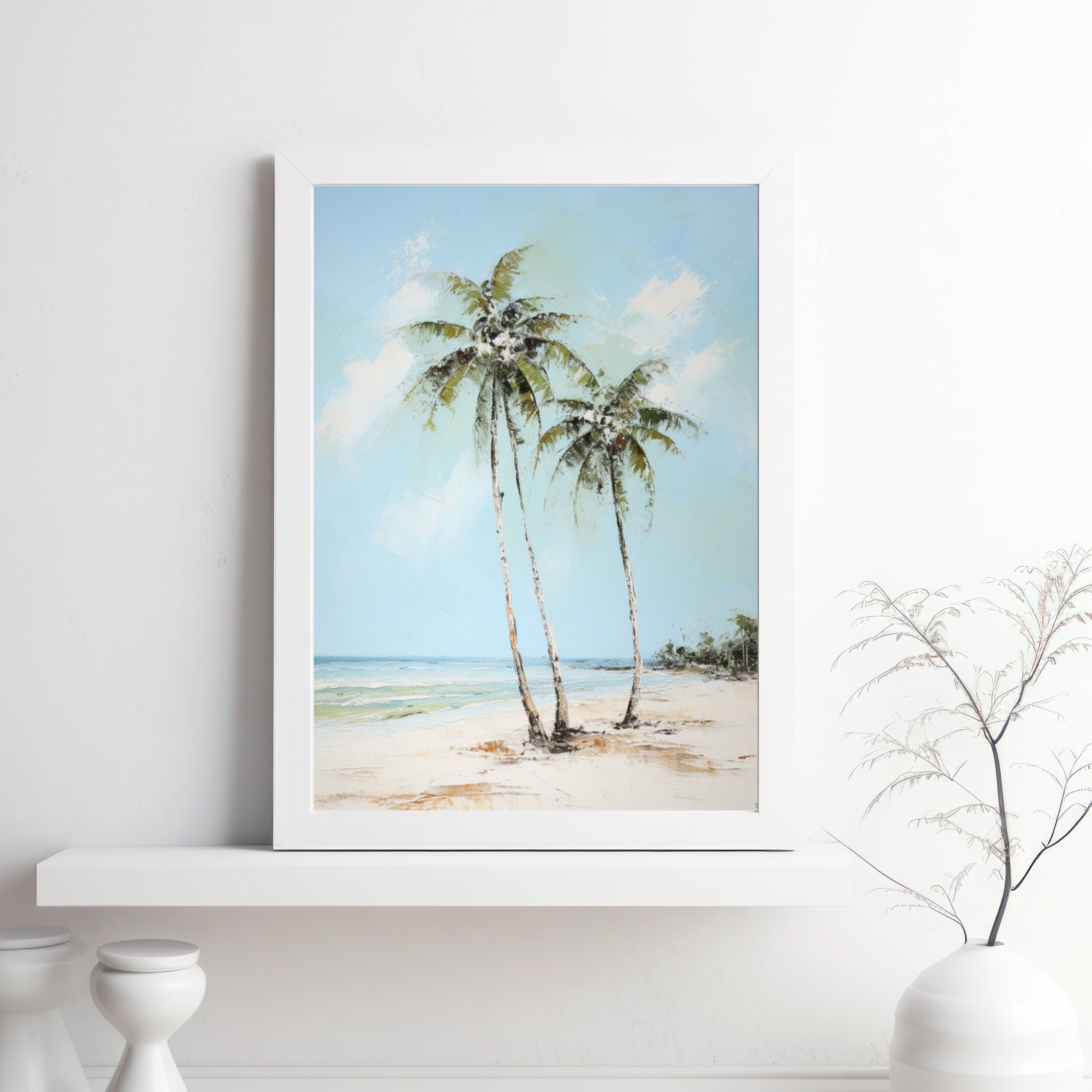 Serenity by the Shore: Tranquil Palm Tree Watercolor Painting, Coastal Beach Art, Ocean Landscape Deco