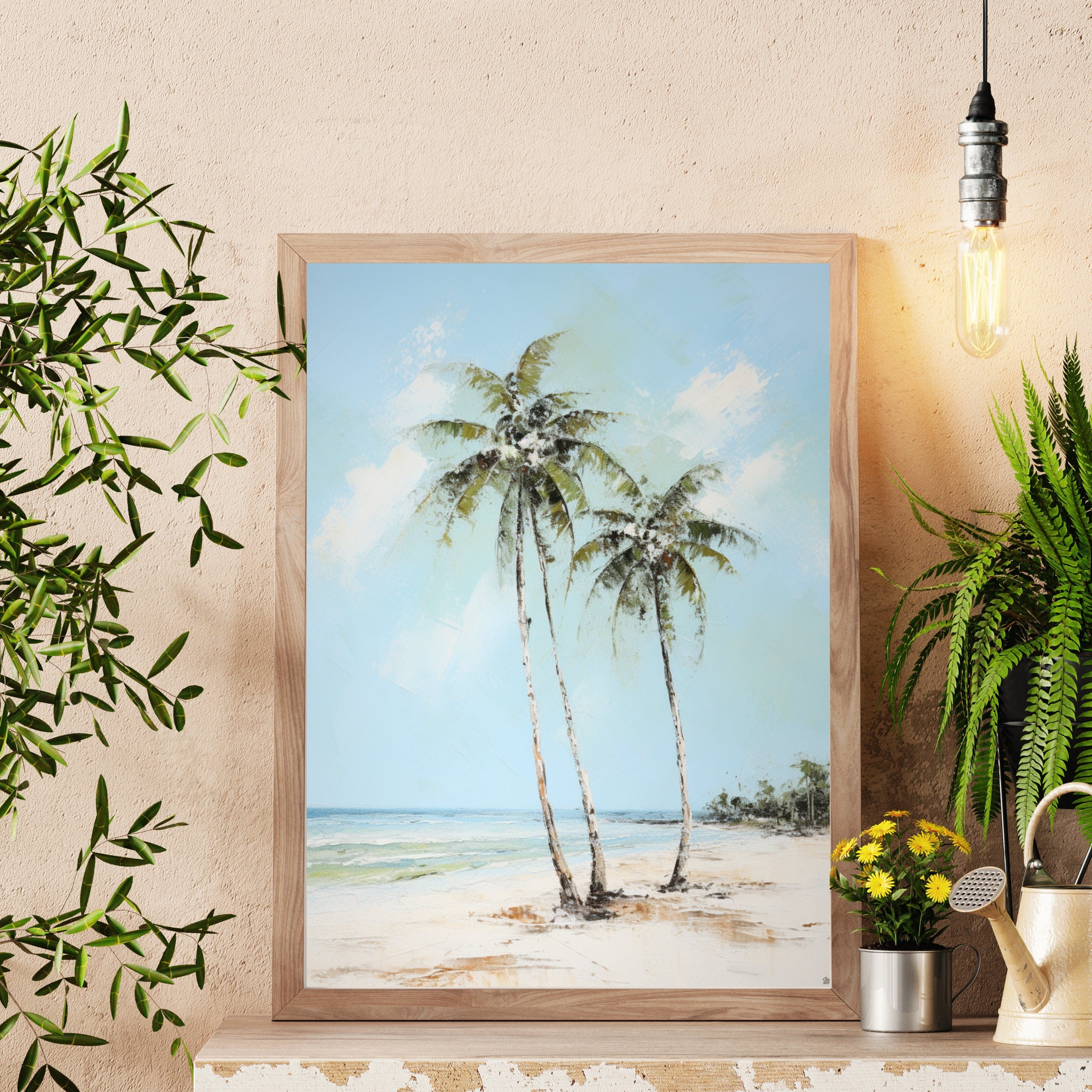 Serenity by the Shore: Tranquil Palm Tree Watercolor Painting, Coastal Beach Art, Ocean Landscape Deco