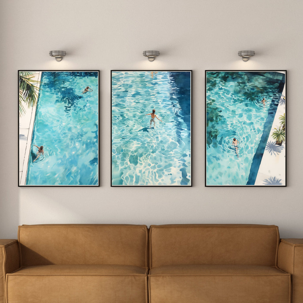 Swimming POOL SET of 3 WATERCOLOR Prints- Palm Spring Summer Poster mid Century Modern Decor