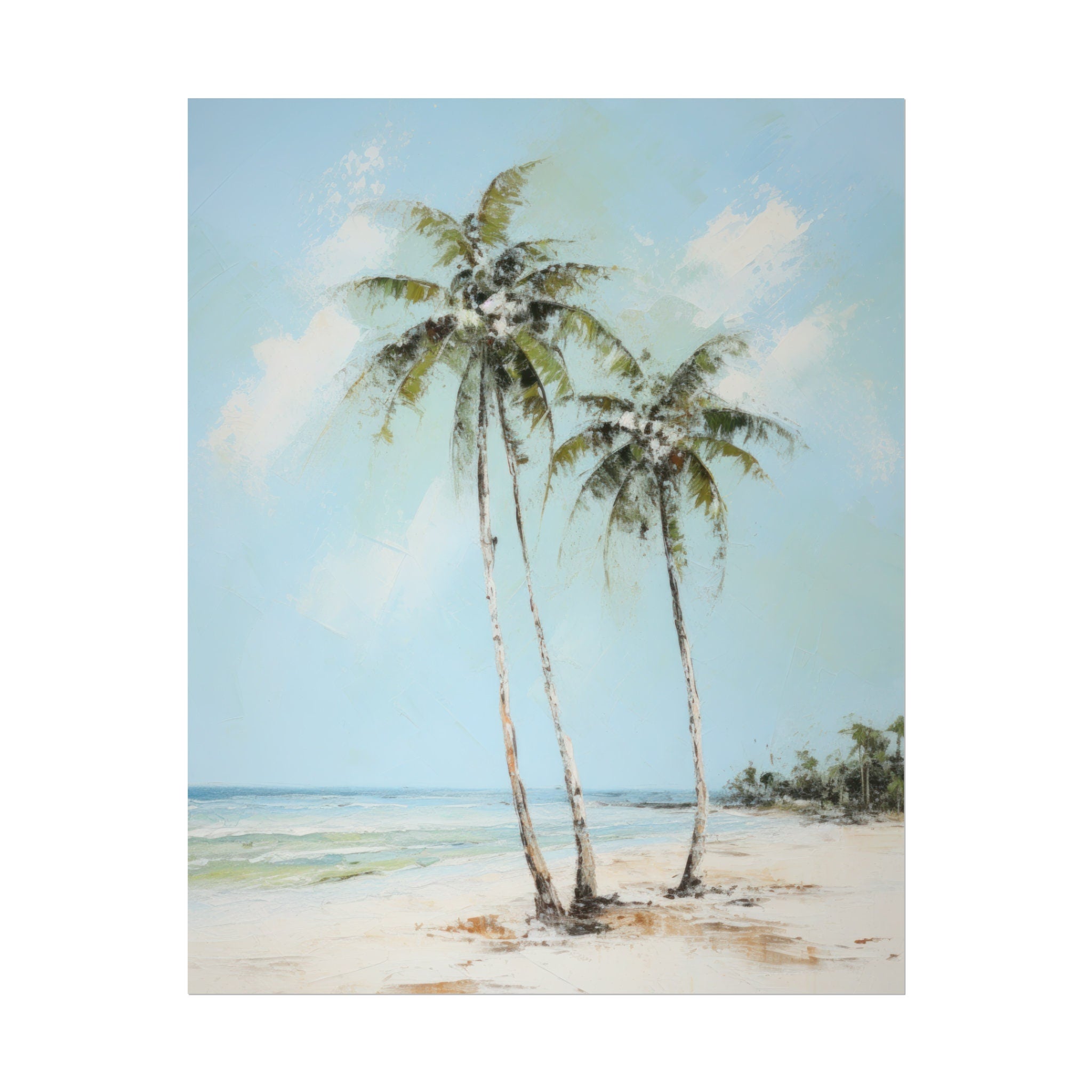 Serenity by the Shore: Tranquil Palm Tree Watercolor Painting, Coastal Beach Art, Ocean Landscape Deco