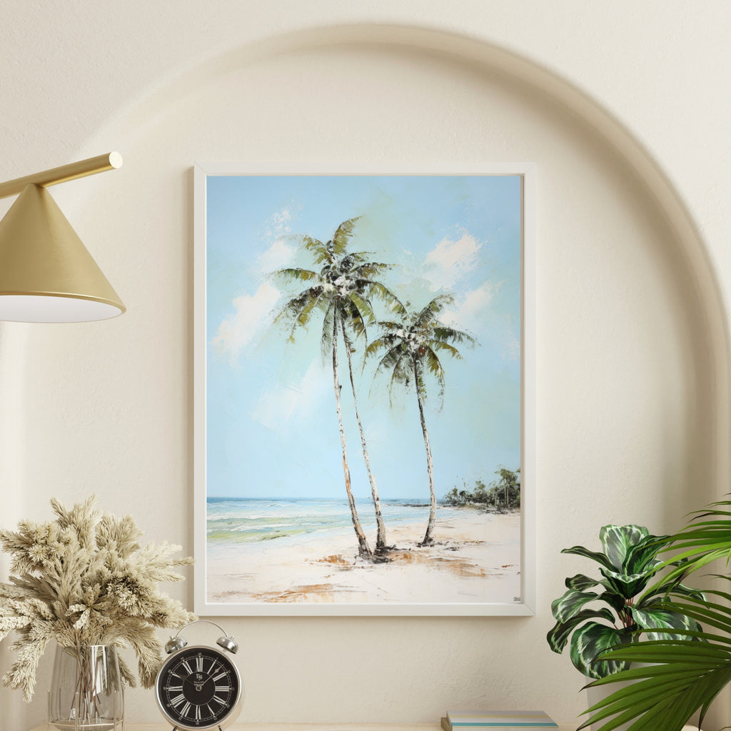 Serenity by the Shore: Tranquil Palm Tree Watercolor Painting, Coastal Beach Art, Ocean Landscape Deco