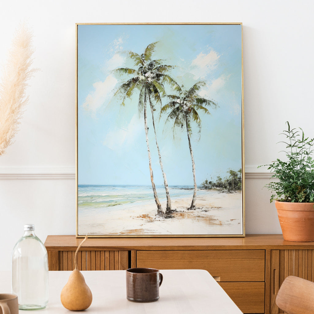 Serenity by the Shore: Tranquil Palm Tree Watercolor Painting, Coastal Beach Art, Ocean Landscape Deco