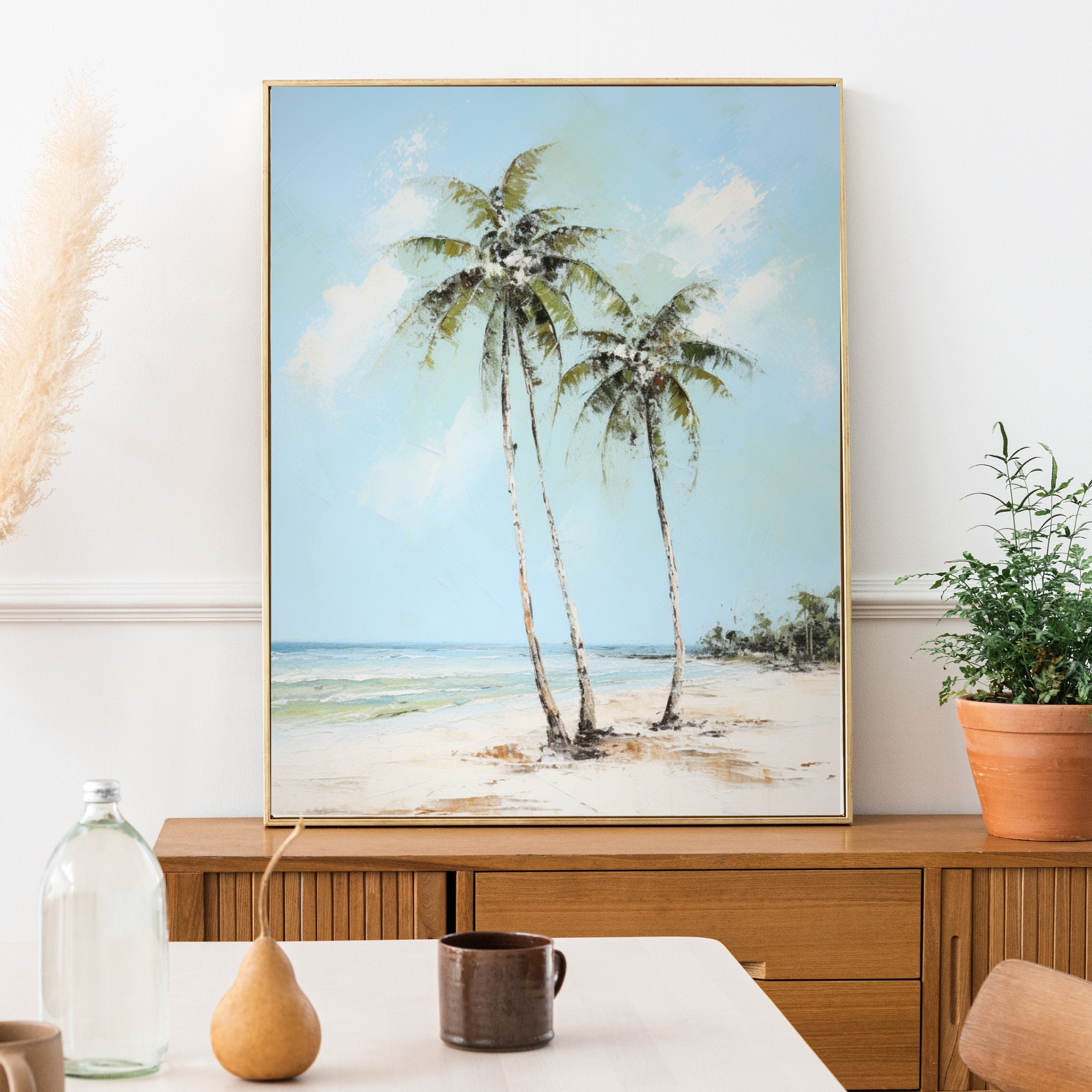 Serenity by the Shore: Tranquil Palm Tree Watercolor Painting, Coastal Beach Art, Ocean Landscape Deco