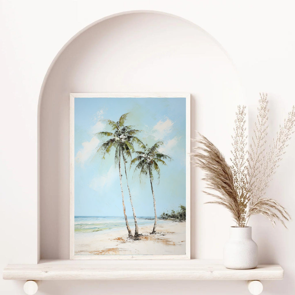 Serenity by the Shore: Tranquil Palm Tree Watercolor Painting, Coastal Beach Art, Ocean Landscape Deco