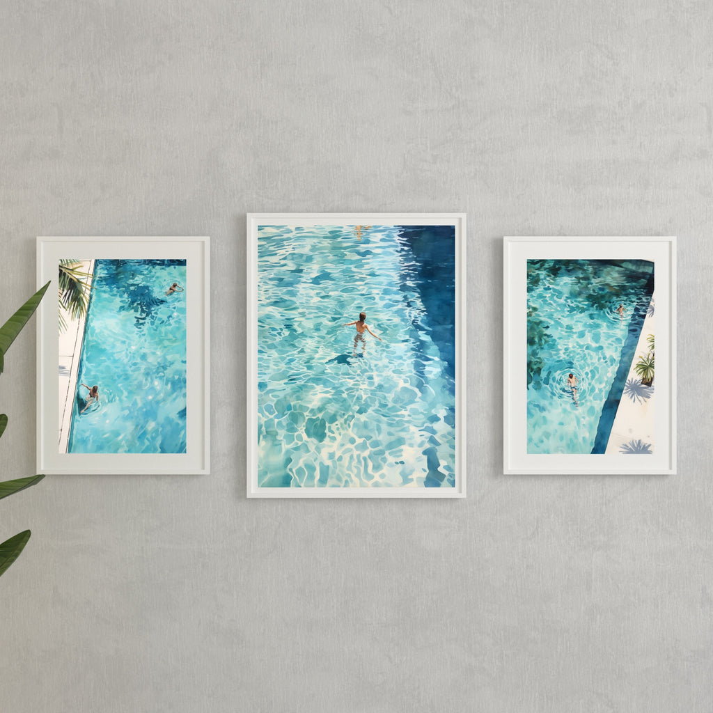 Swimming POOL SET of 3 WATERCOLOR Prints- Palm Spring Summer Poster mid Century Modern Decor