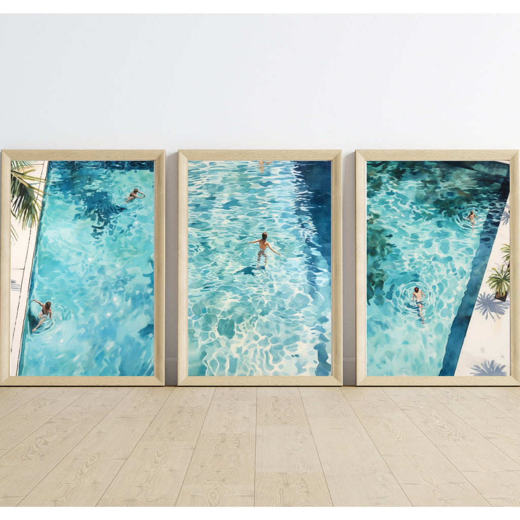 Swimming POOL SET of 3 WATERCOLOR Prints- Palm Spring Summer Poster mid Century Modern Decor