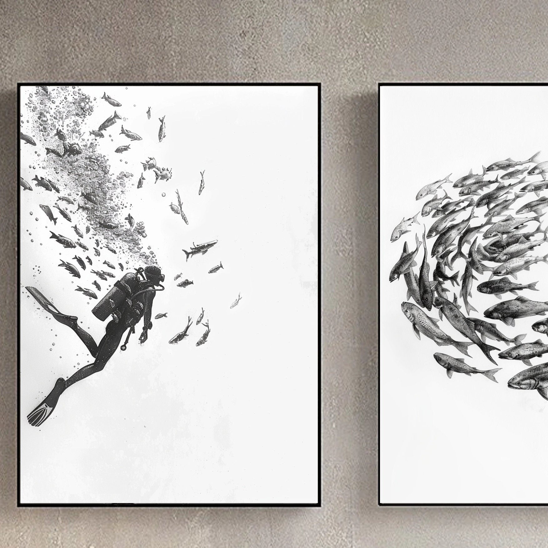 Scuba Diver Pencil Sketch | Set of 3 | Perfect Gift for Dive Lovers | Hand Drawing | Fish School | Fine Art