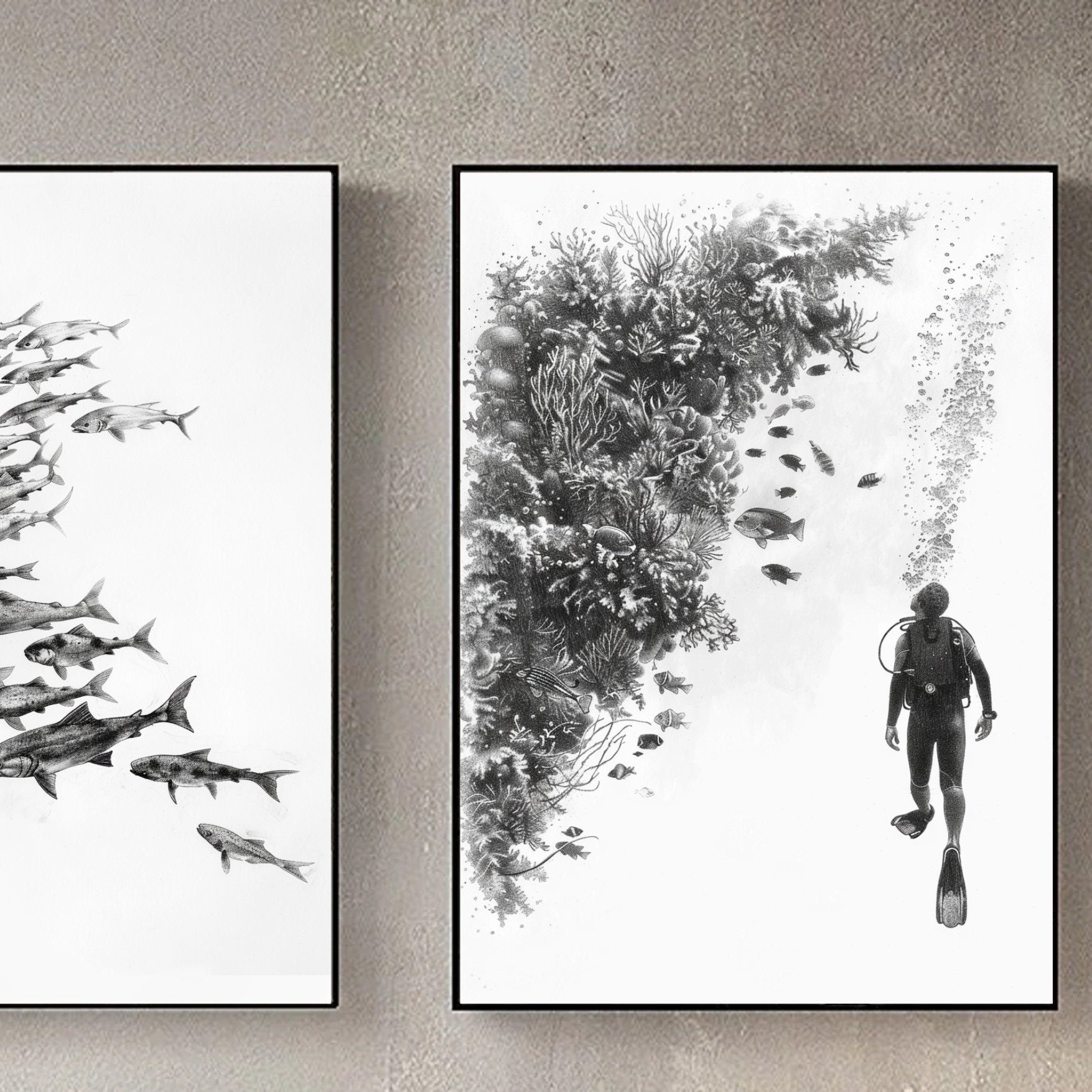 Scuba Diver Pencil Sketch | Set of 3 | Perfect Gift for Dive Lovers | Hand Drawing | Fish School | Fine Art