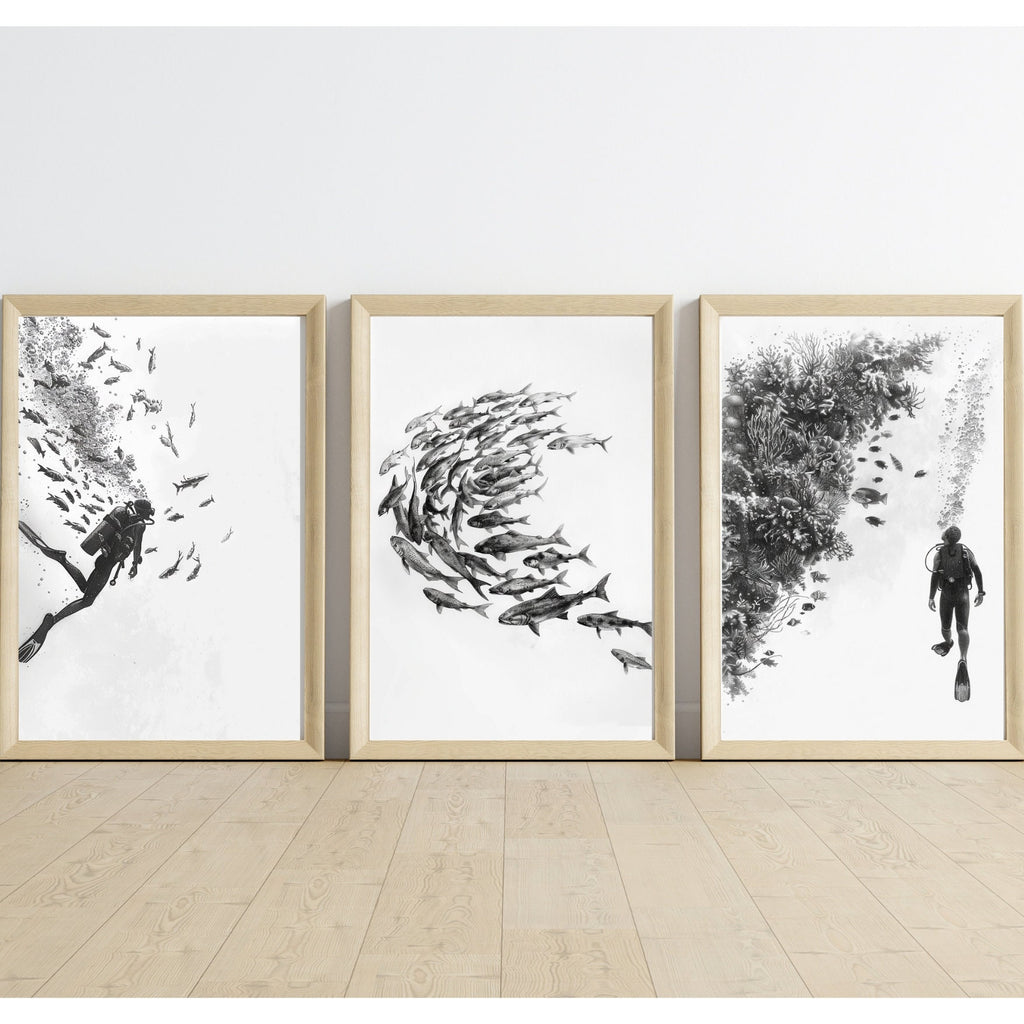 Scuba Diver Pencil Sketch | Set of 3 | Perfect Gift for Dive Lovers | Hand Drawing | Fish School | Fine Art