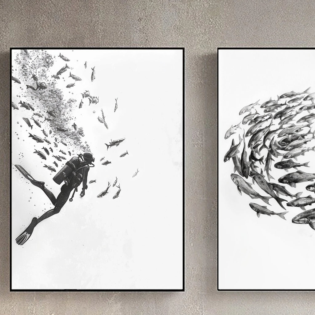 Scuba Diver Pencil Sketch | Set of 3 | Perfect Gift for Dive Lovers | Hand Drawing | Fish School | Fine Art