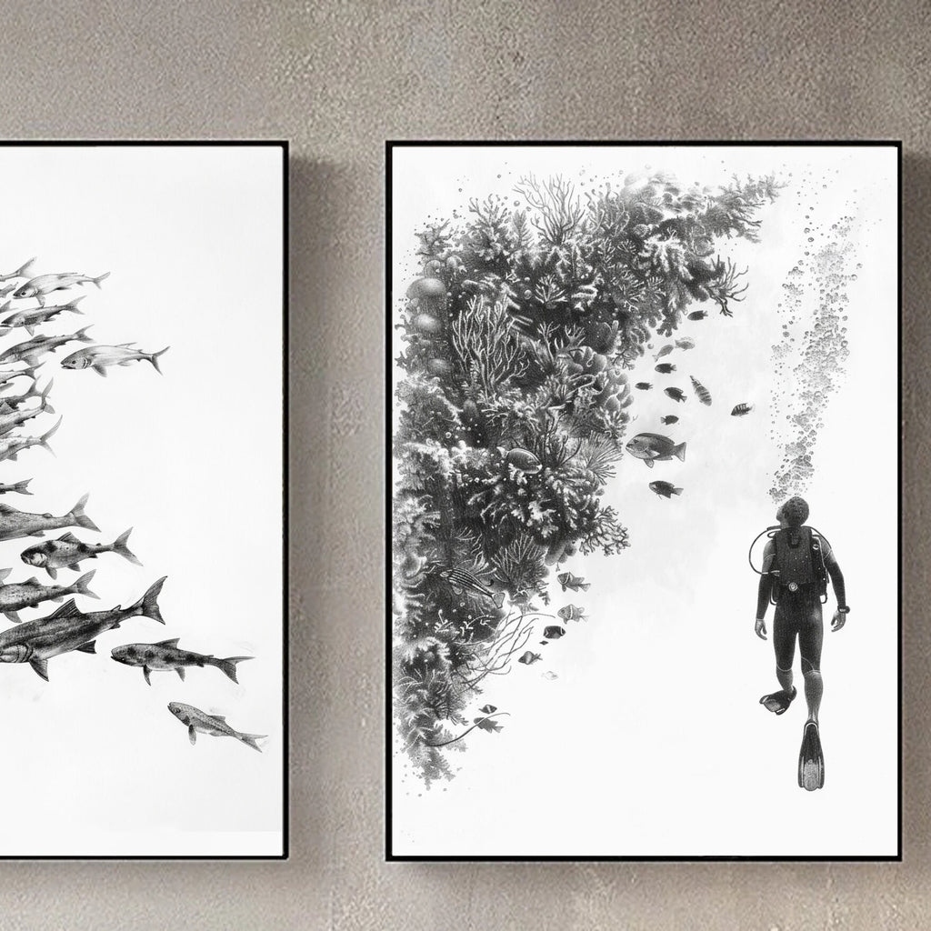 Scuba Diver Pencil Sketch | Set of 3 | Perfect Gift for Dive Lovers | Hand Drawing | Fish School | Fine Art