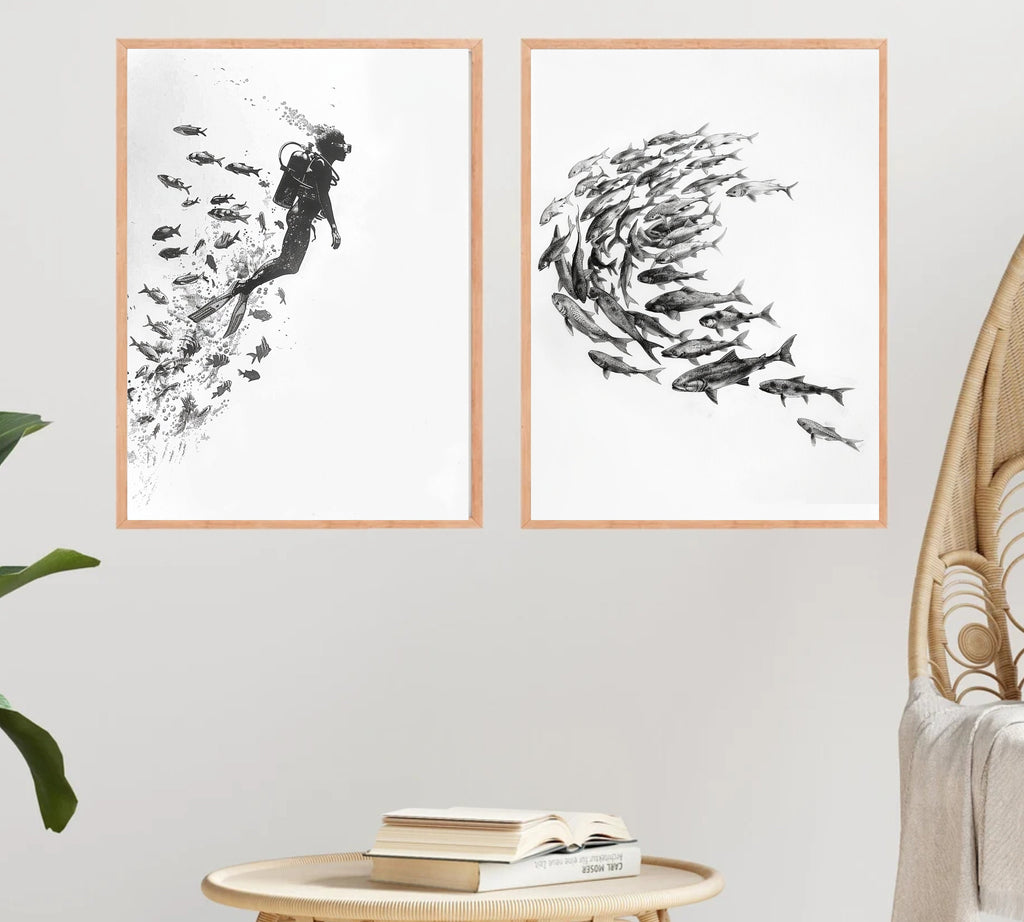 Exploration Beneath the Waves - Pencil Sketch of a Scuba Diver and Marine Life - Ocean Art - Wall Decor"