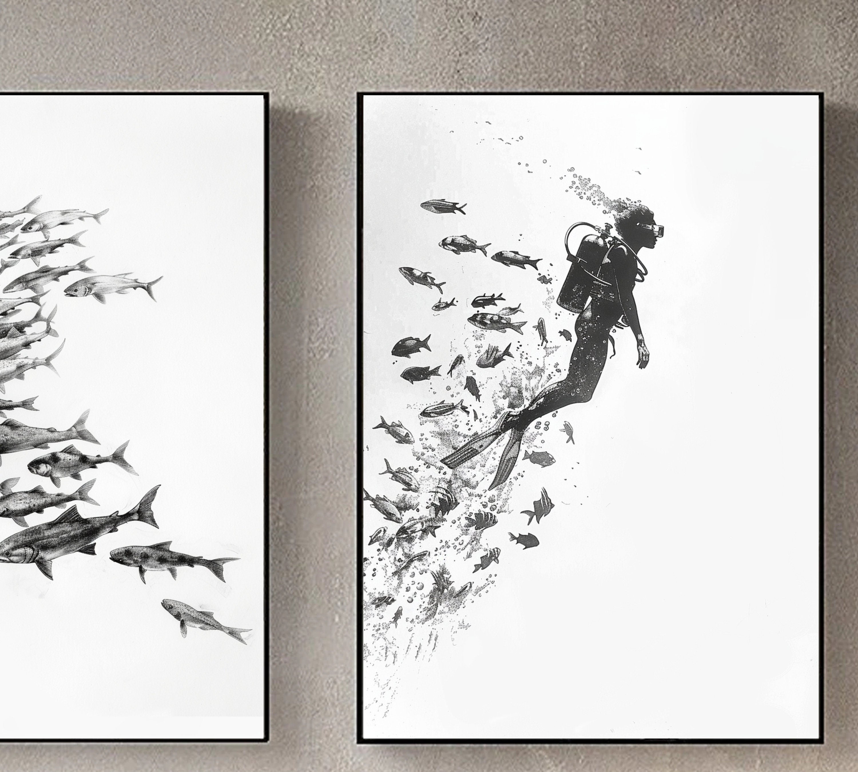 Exploration Beneath the Waves - Pencil Sketch of a Scuba Diver and Marine Life - Ocean Art - Wall Decor"