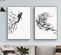 Exploration Beneath the Waves - Pencil Sketch of a Scuba Diver and Marine Life - Ocean Art - Wall Decor"