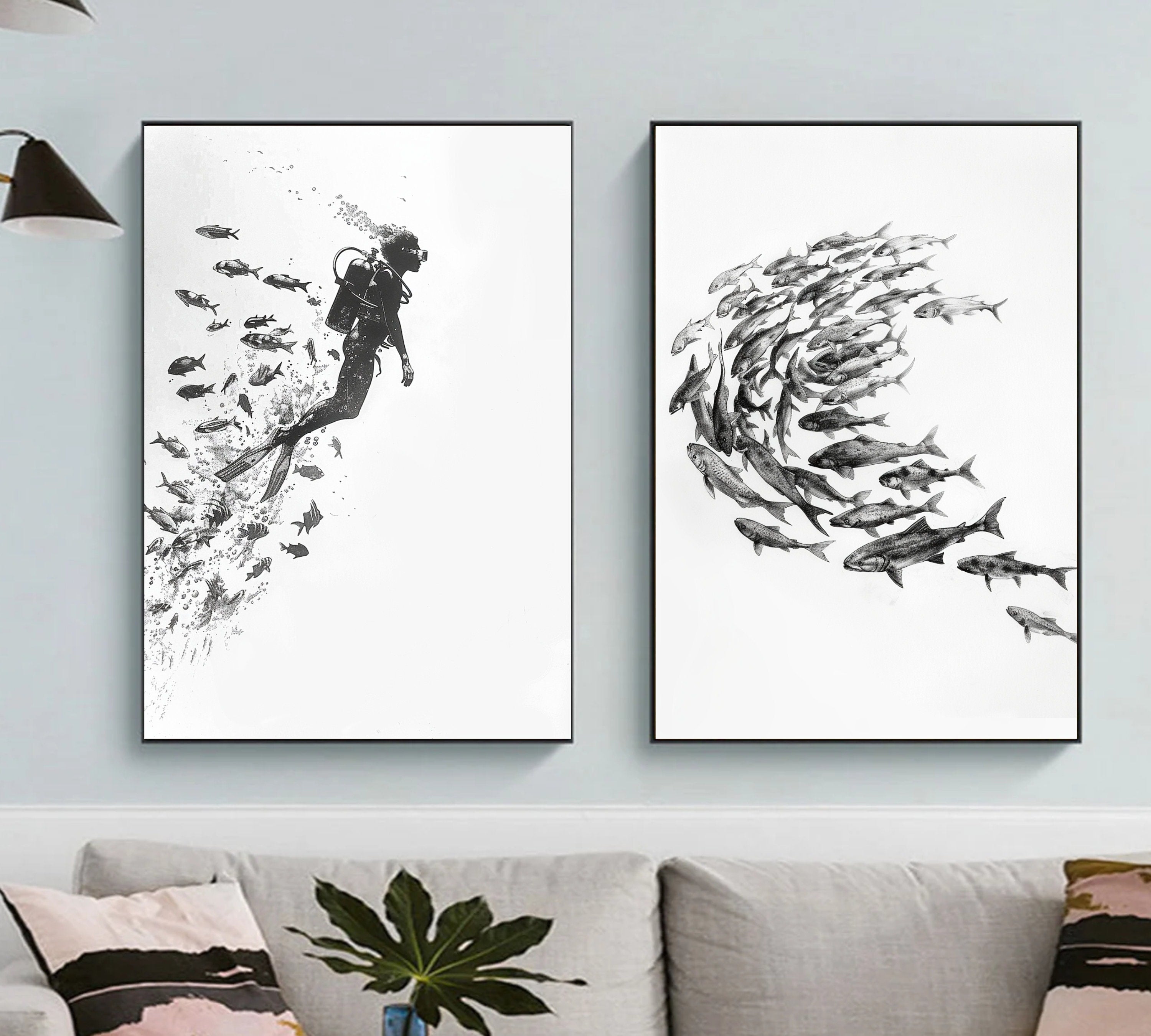 Exploration Beneath the Waves - Pencil Sketch of a Scuba Diver and Marine Life - Ocean Art - Wall Decor"