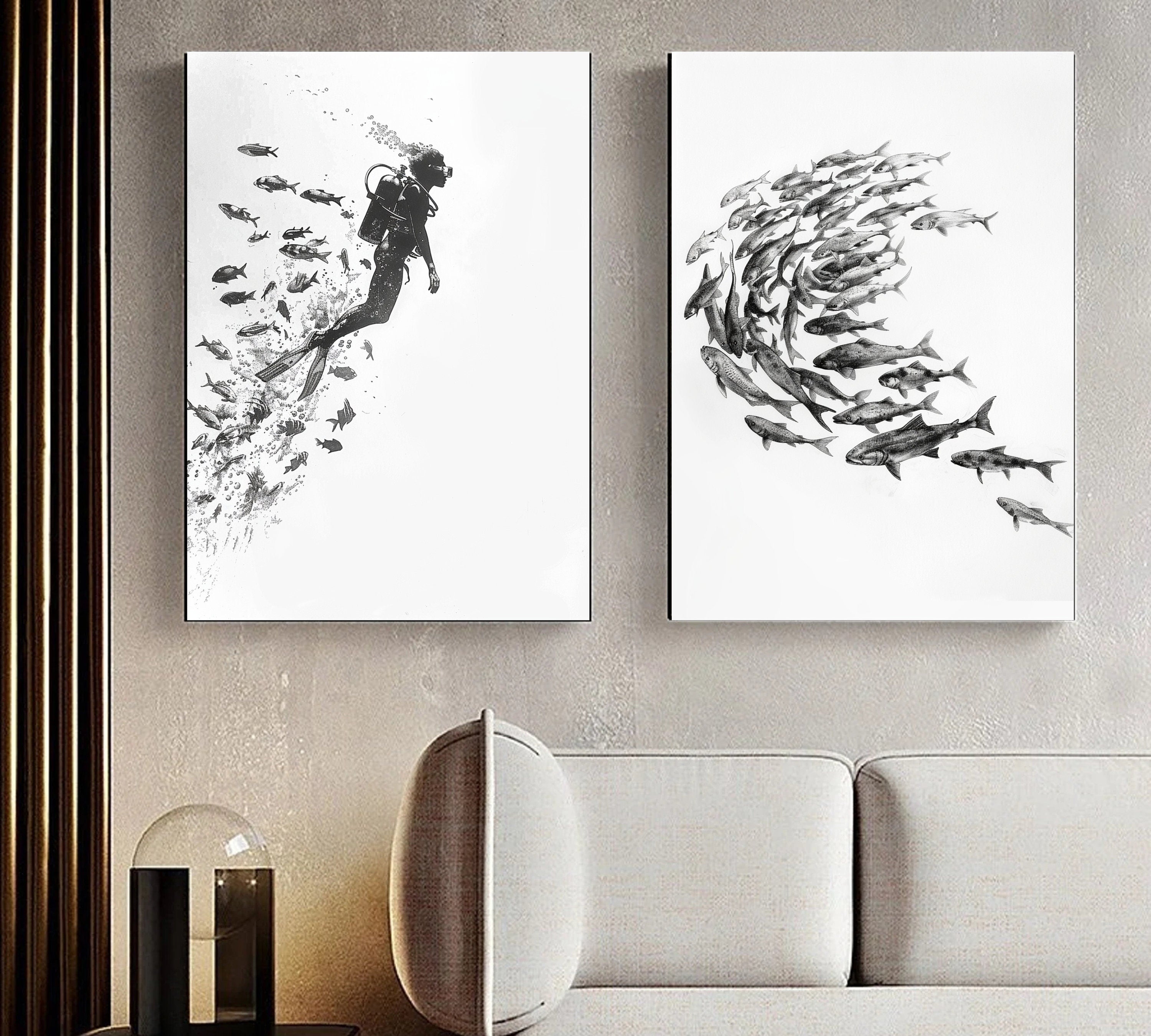 Exploration Beneath the Waves - Pencil Sketch of a Scuba Diver and Marine Life - Ocean Art - Wall Decor"