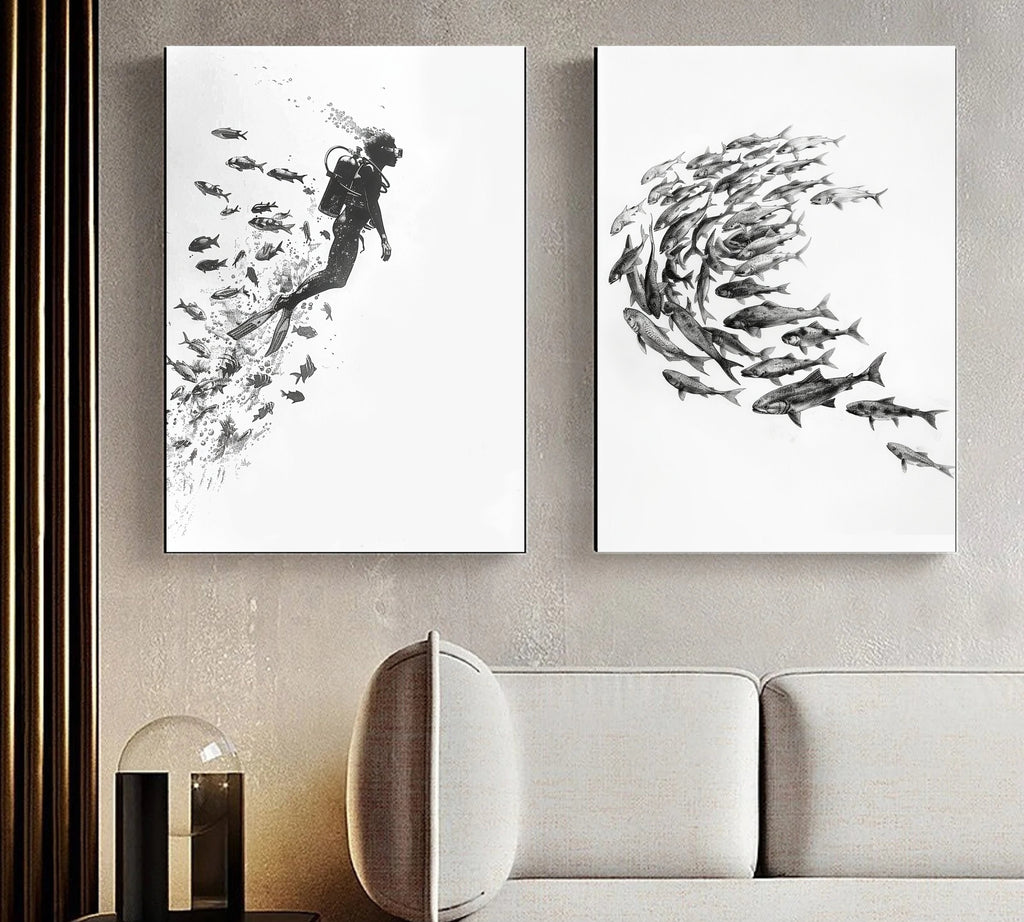 Exploration Beneath the Waves - Pencil Sketch of a Scuba Diver and Marine Life - Ocean Art - Wall Decor"
