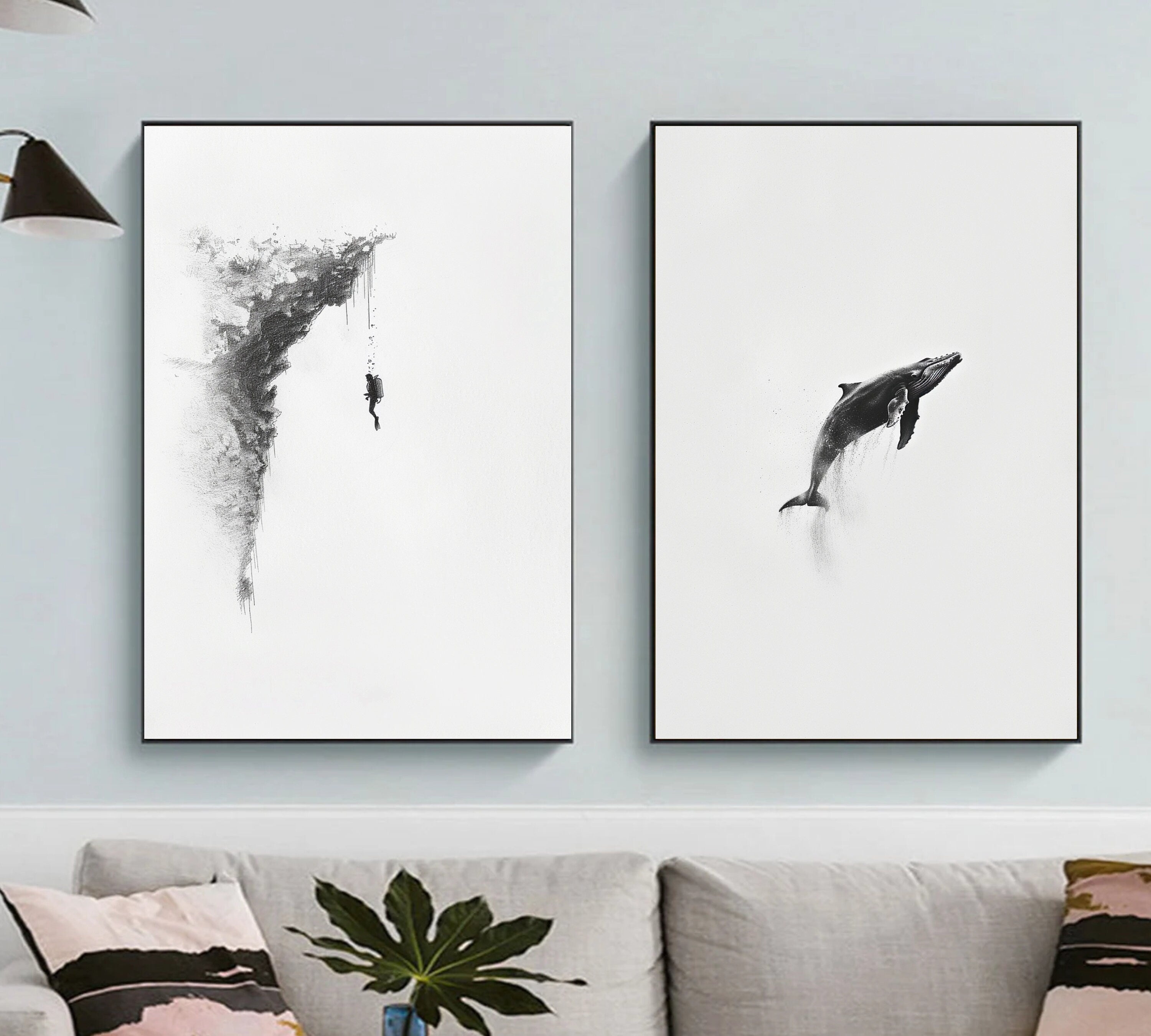 Whale and Deep Sea Diver - Exploration Beneath the Waves - Pencil Sketch of a Scuba Diver and Marine Life - Ocean Art - Wall Decor"