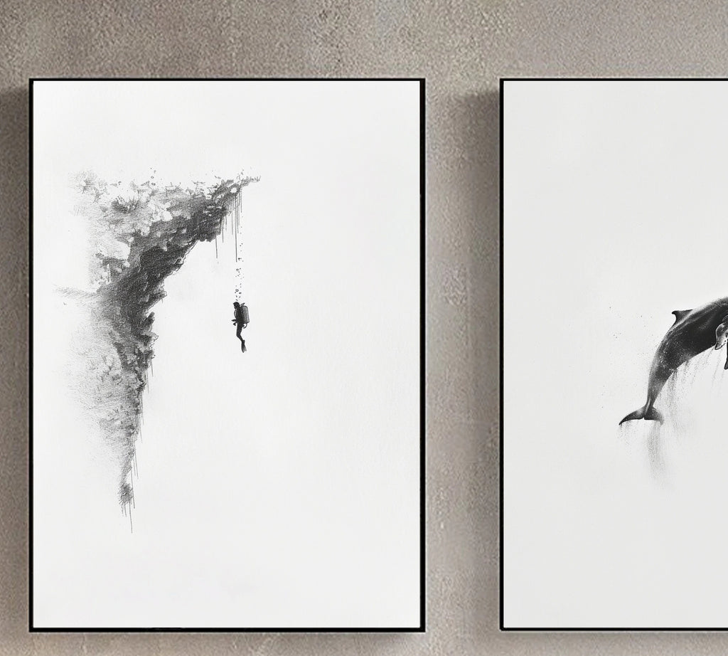 Whale and Deep Sea Diver - Exploration Beneath the Waves - Pencil Sketch of a Scuba Diver and Marine Life - Ocean Art - Wall Decor"