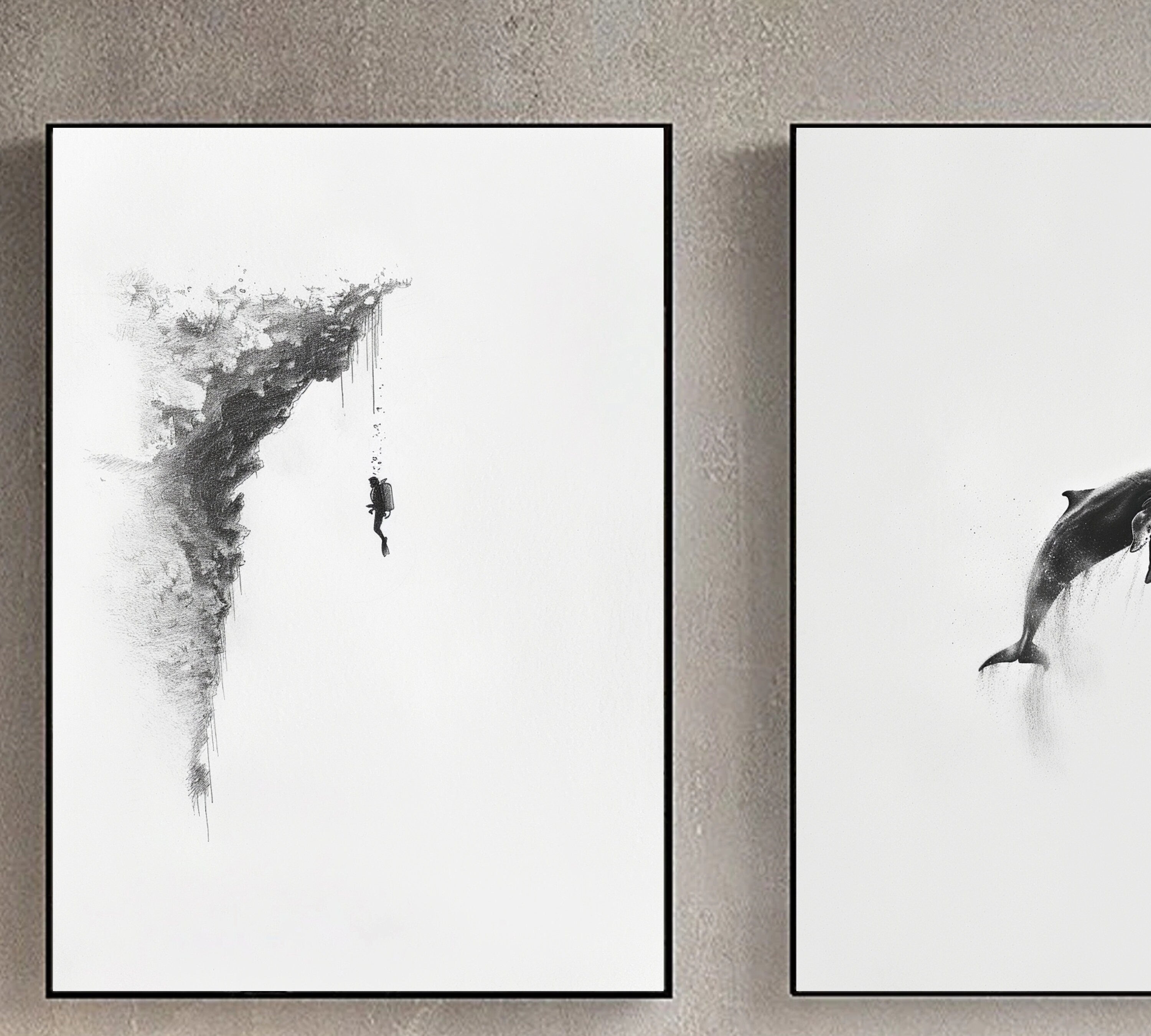 Whale and Deep Sea Diver - Exploration Beneath the Waves - Pencil Sketch of a Scuba Diver and Marine Life - Ocean Art - Wall Decor"
