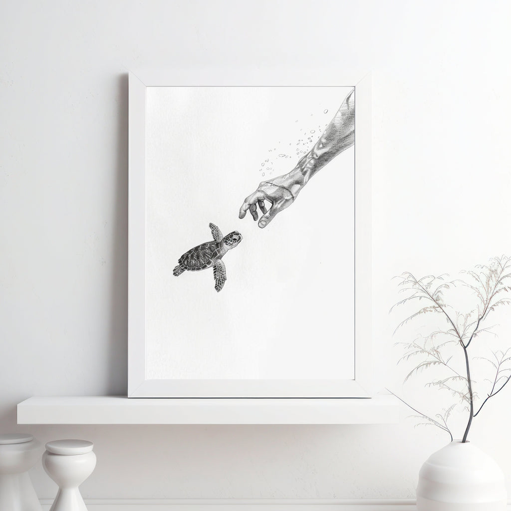 Becoming Friends - Ocean Connection - Pencil Sketch of Hand Reaching for Baby Turtle - Wildlife Art - Wall Deco