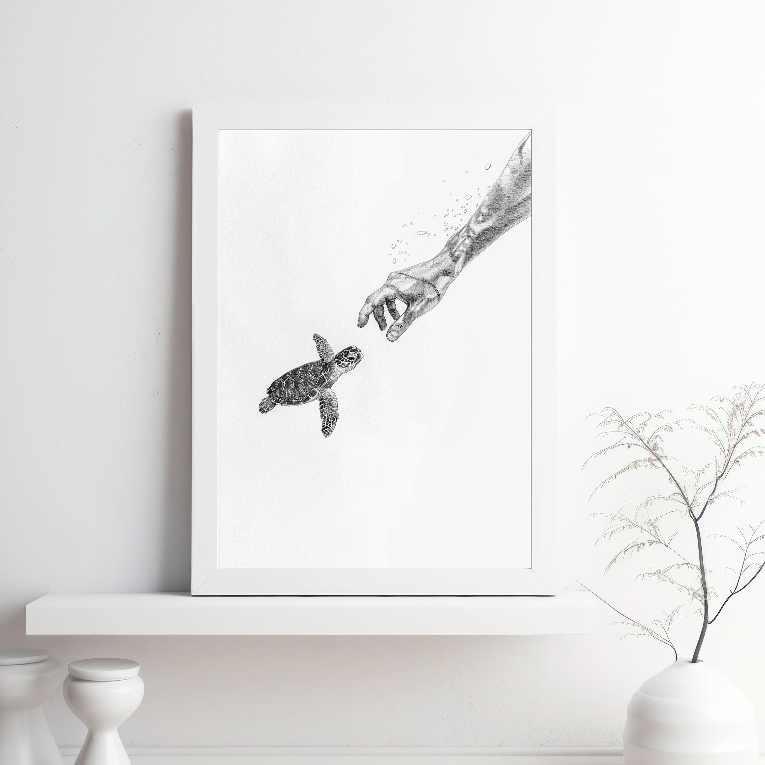Becoming Friends - Ocean Connection - Pencil Sketch of Hand Reaching for Baby Turtle - Wildlife Art - Wall Deco