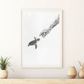 Becoming Friends - Ocean Connection - Pencil Sketch of Hand Reaching for Baby Turtle - Wildlife Art - Wall Deco