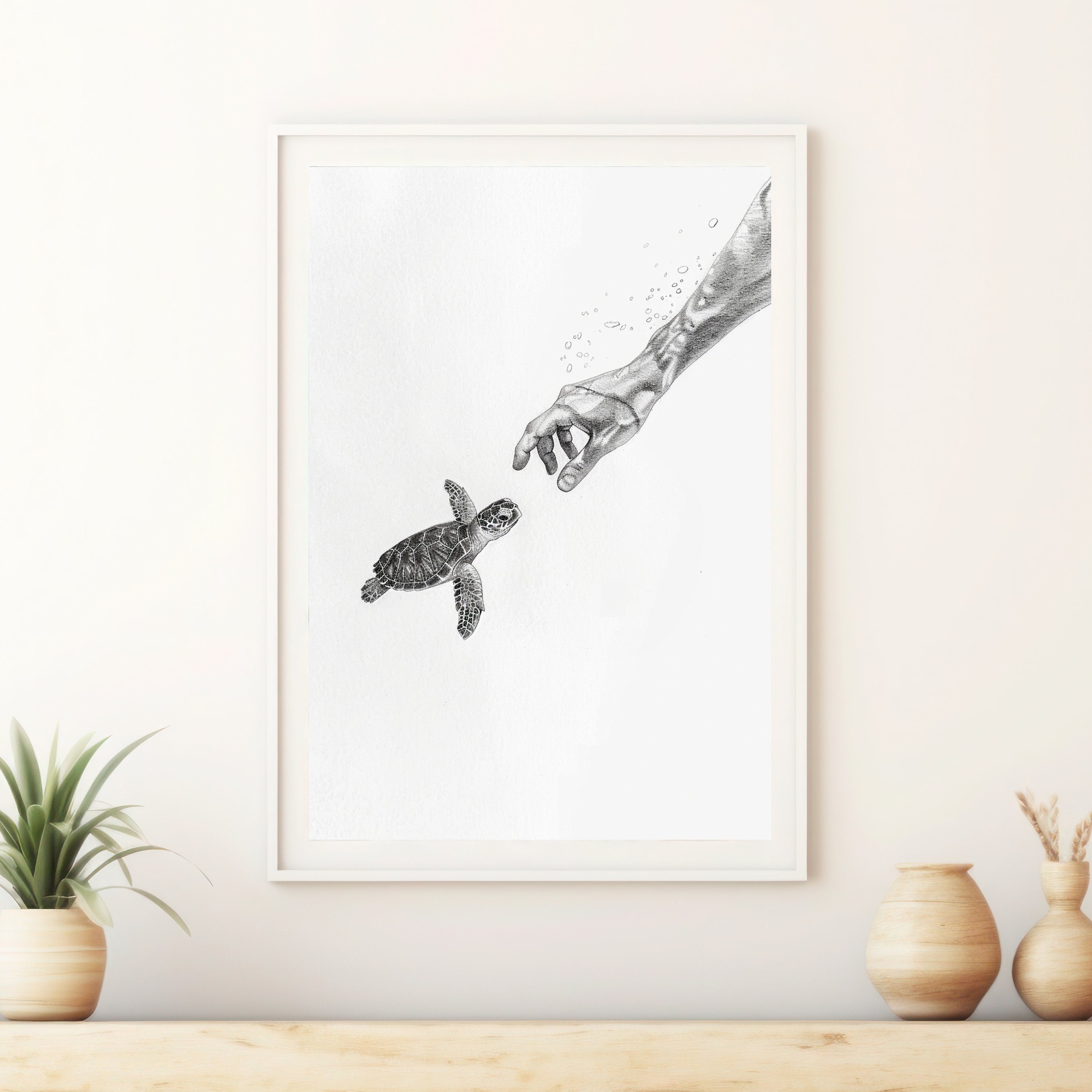 Becoming Friends - Ocean Connection - Pencil Sketch of Hand Reaching for Baby Turtle - Wildlife Art - Wall Deco