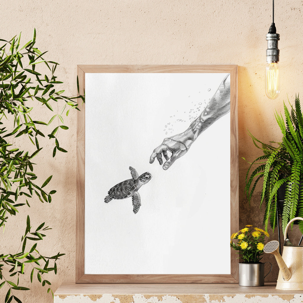Becoming Friends - Ocean Connection - Pencil Sketch of Hand Reaching for Baby Turtle - Wildlife Art - Wall Deco