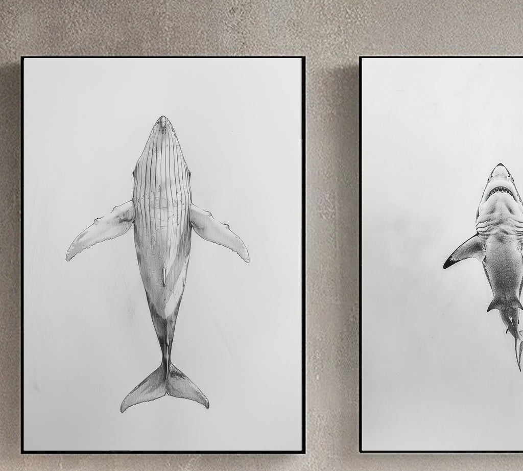 Ocean Giants - Pencil Sketch of Whale and Shark from Below - Marine Life Art - Wall Decor