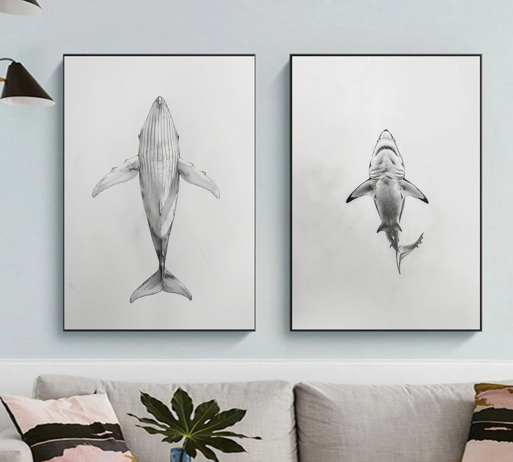 Ocean Giants - Pencil Sketch of Whale and Shark from Below - Marine Life Art - Wall Decor