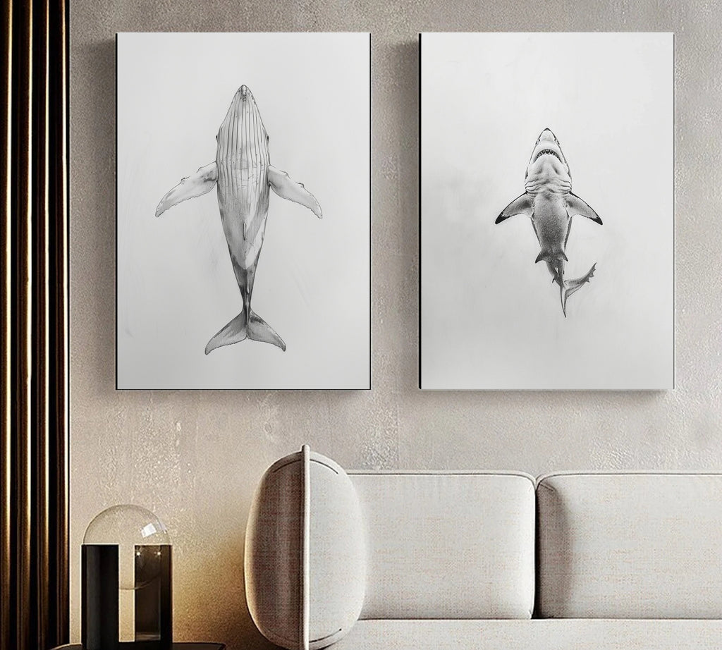 Ocean Giants - Pencil Sketch of Whale and Shark from Below - Marine Life Art - Wall Decor