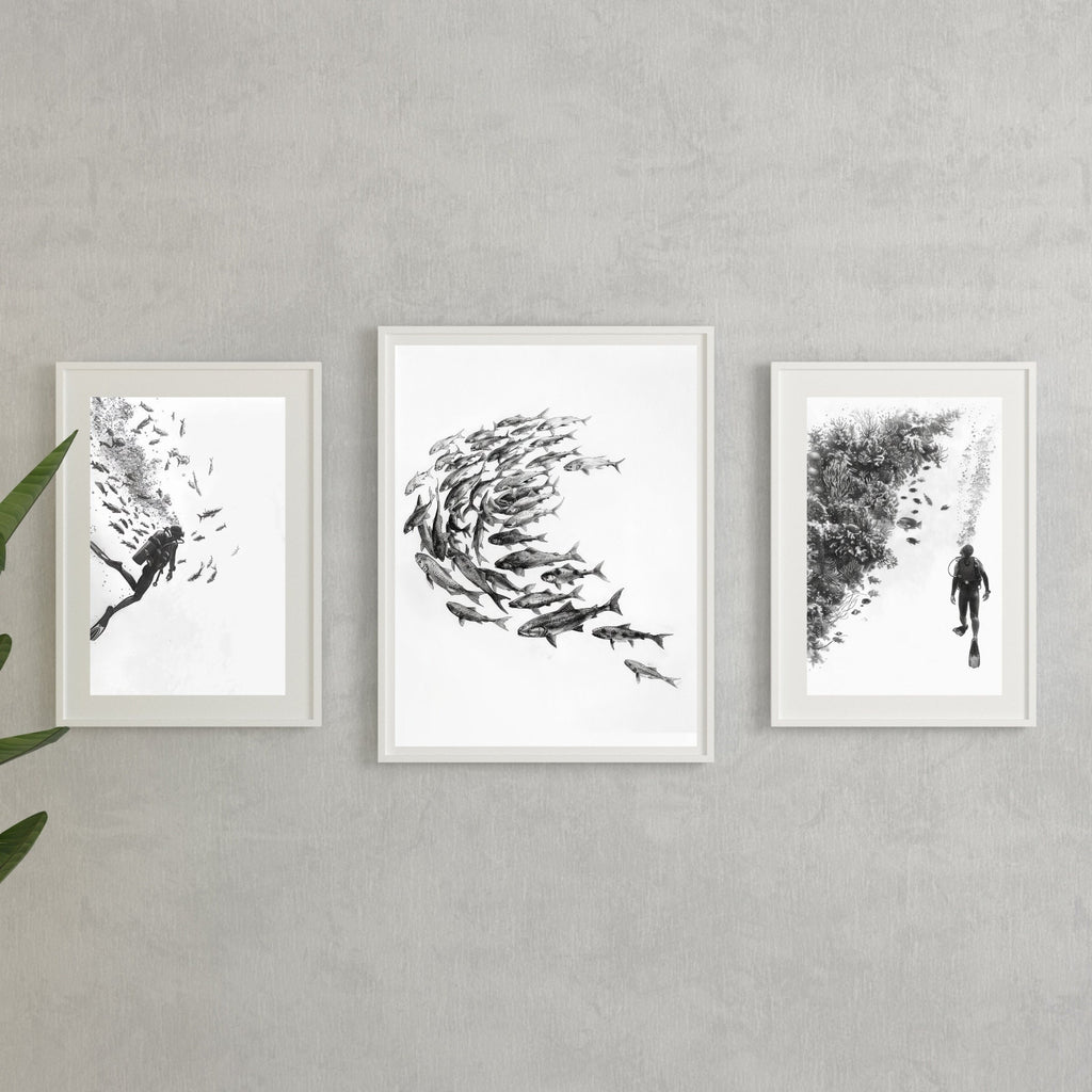 Scuba Diver Pencil Sketch | Set of 3 | Perfect Gift for Dive Lovers | Hand Drawing | Fish School | Fine Art