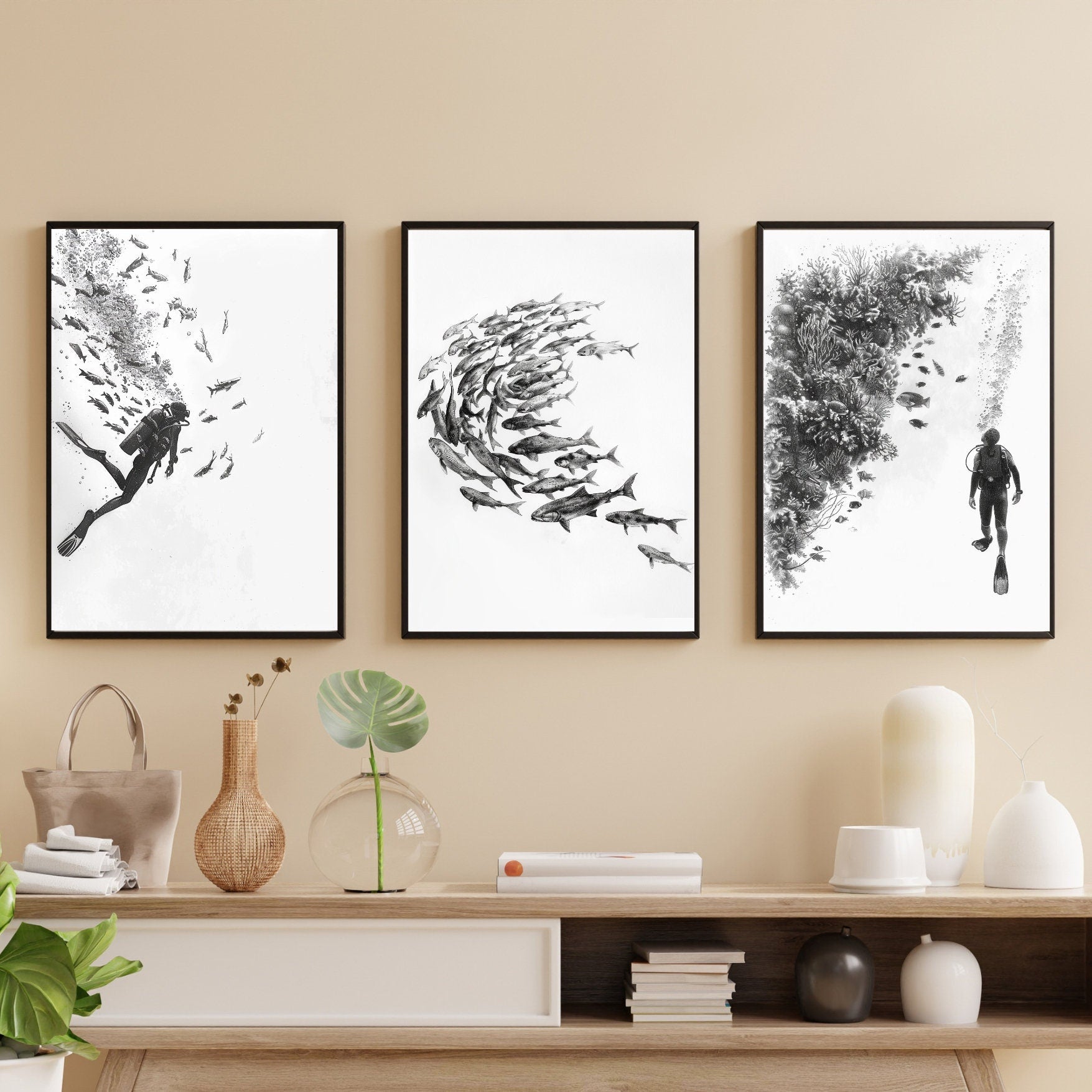 Scuba Diver Pencil Sketch | Set of 3 | Perfect Gift for Dive Lovers | Hand Drawing | Fish School | Fine Art