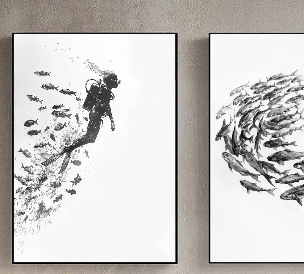 Exploration Beneath the Waves - Pencil Sketch of a Scuba Diver and Marine Life - Ocean Art - Wall Decor"