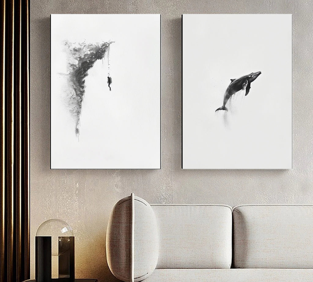 Whale and Deep Sea Diver - Exploration Beneath the Waves - Pencil Sketch of a Scuba Diver and Marine Life - Ocean Art - Wall Decor"