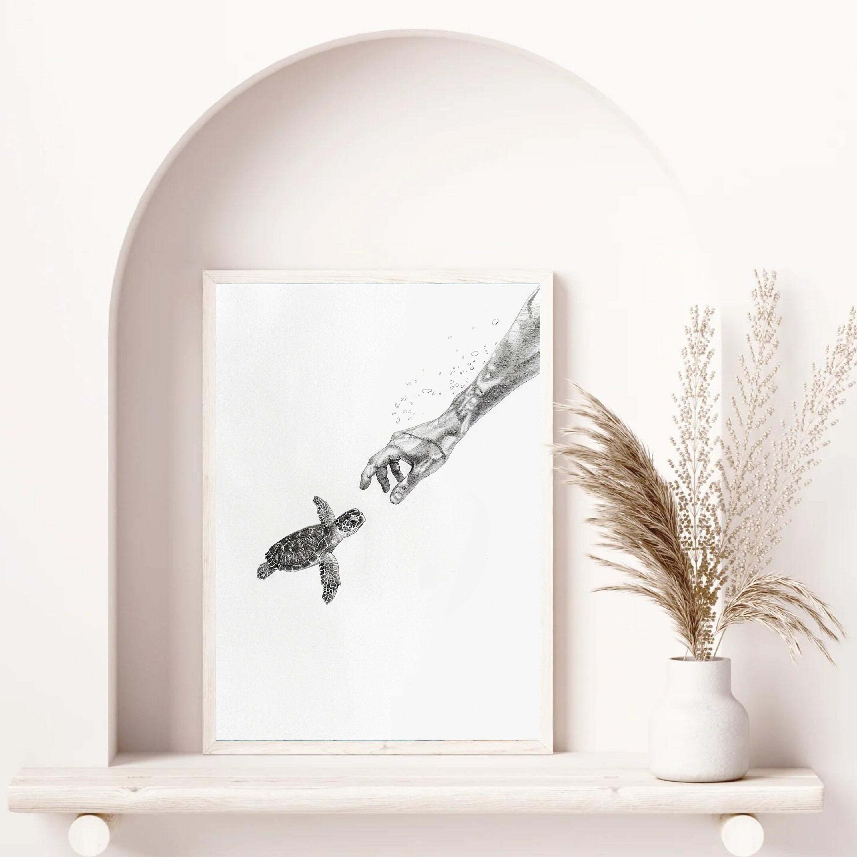 Becoming Friends - Ocean Connection - Pencil Sketch of Hand Reaching for Baby Turtle - Wildlife Art - Wall Deco