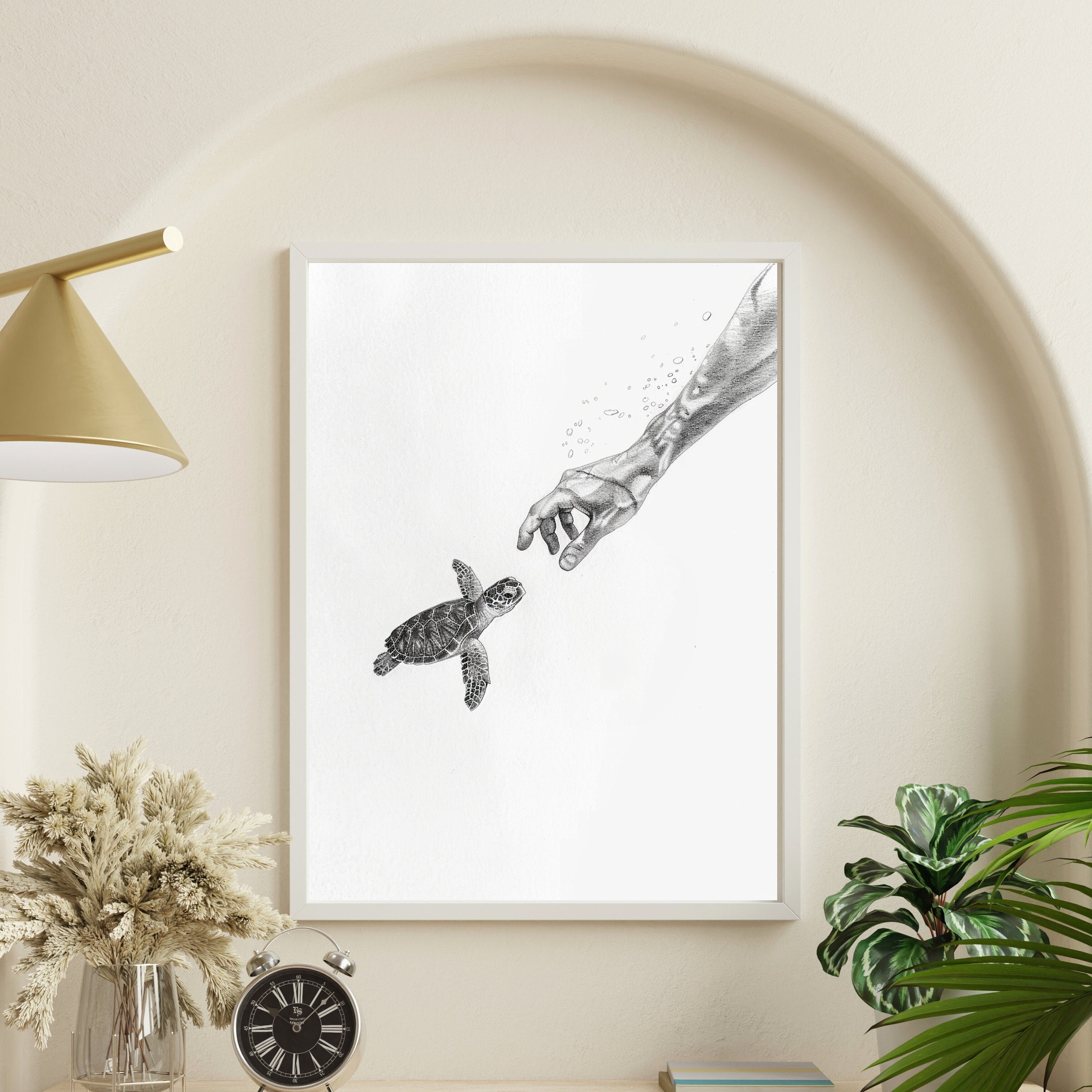 Becoming Friends - Ocean Connection - Pencil Sketch of Hand Reaching for Baby Turtle - Wildlife Art - Wall Deco