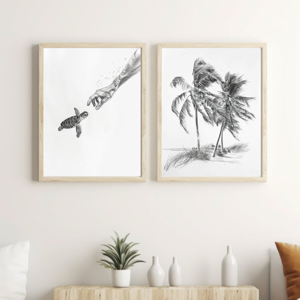 Becoming Friends - Ocean Connection - Pencil Sketch of Hand Reaching for Baby Turtle - Wildlife Art - Wall Deco