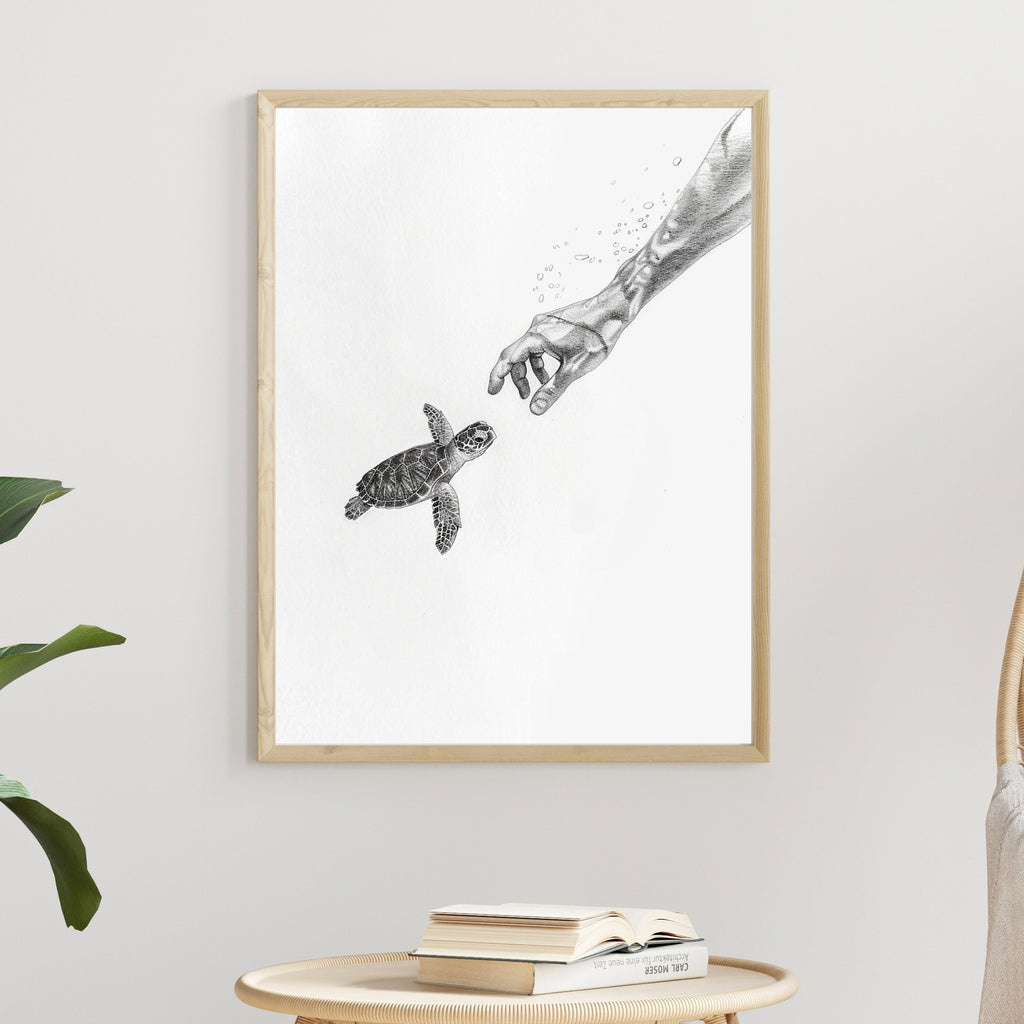 Becoming Friends - Ocean Connection - Pencil Sketch of Hand Reaching for Baby Turtle - Wildlife Art - Wall Deco