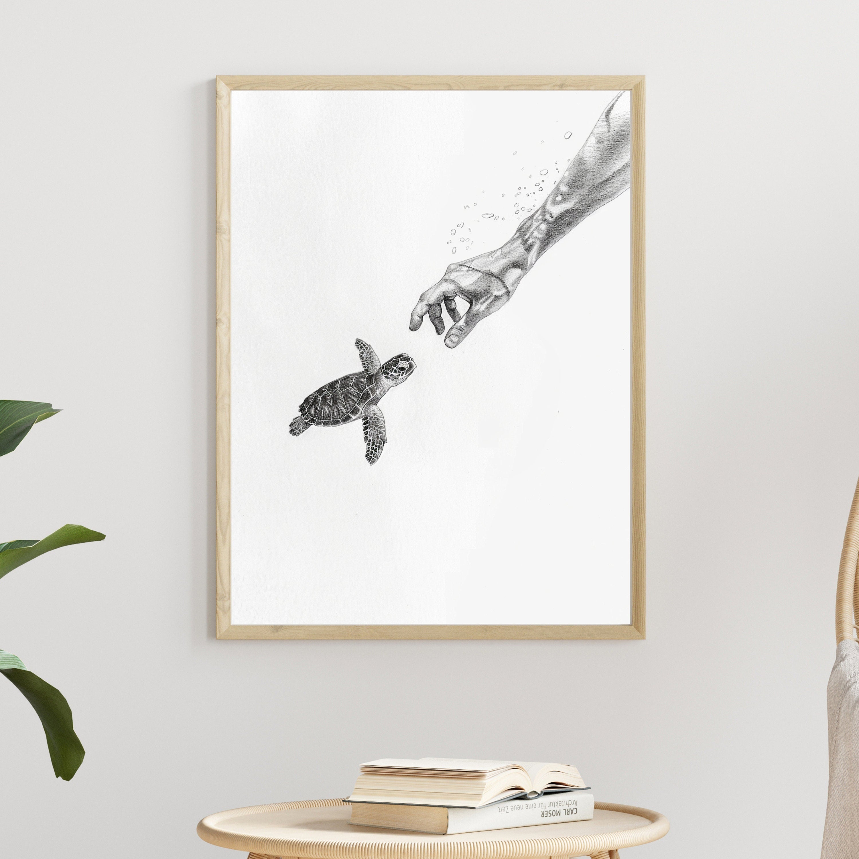 Becoming Friends - Ocean Connection - Pencil Sketch of Hand Reaching for Baby Turtle - Wildlife Art - Wall Deco
