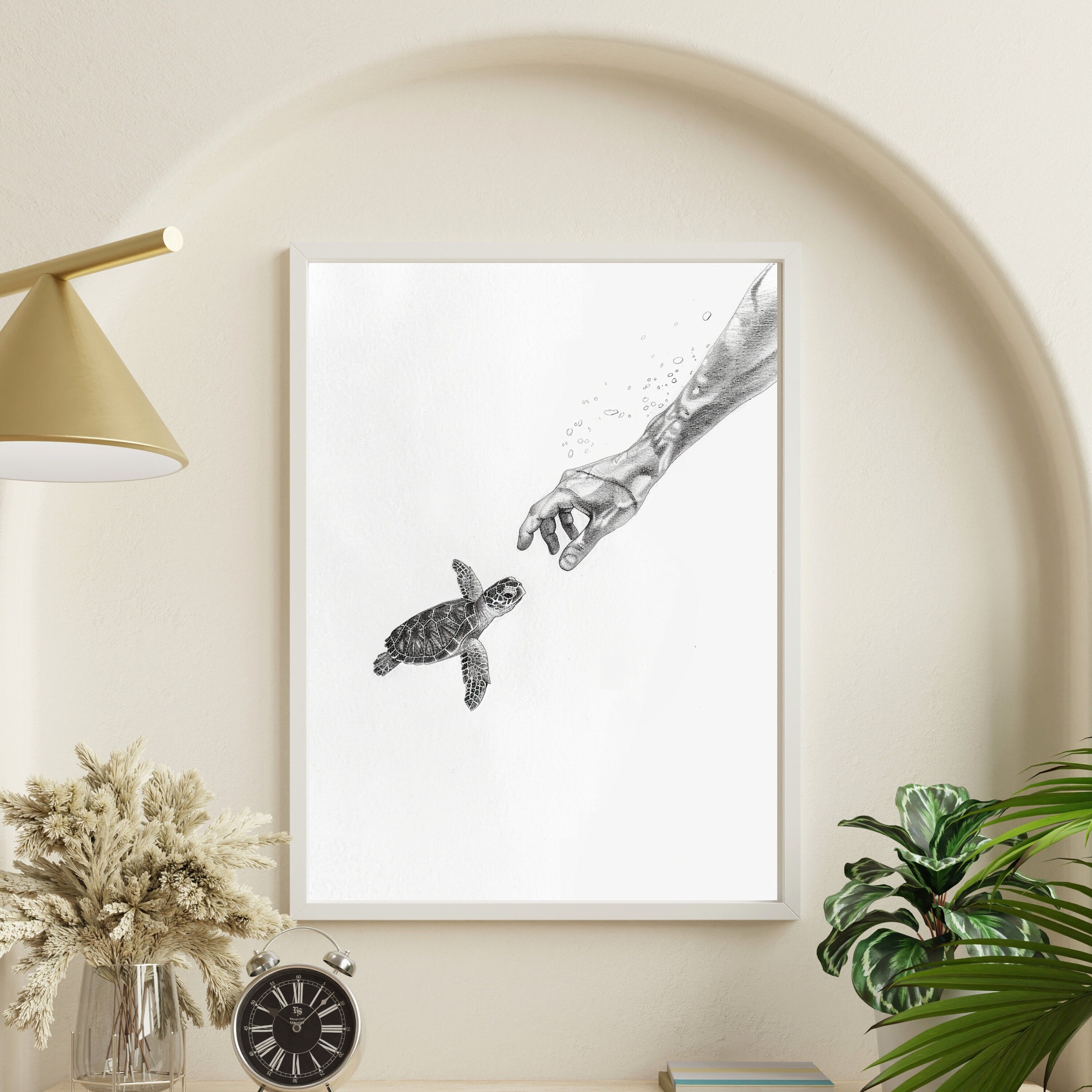 Becoming Friends - Ocean Connection - Pencil Sketch of Hand Reaching for Baby Turtle - Wildlife Art - Wall Deco