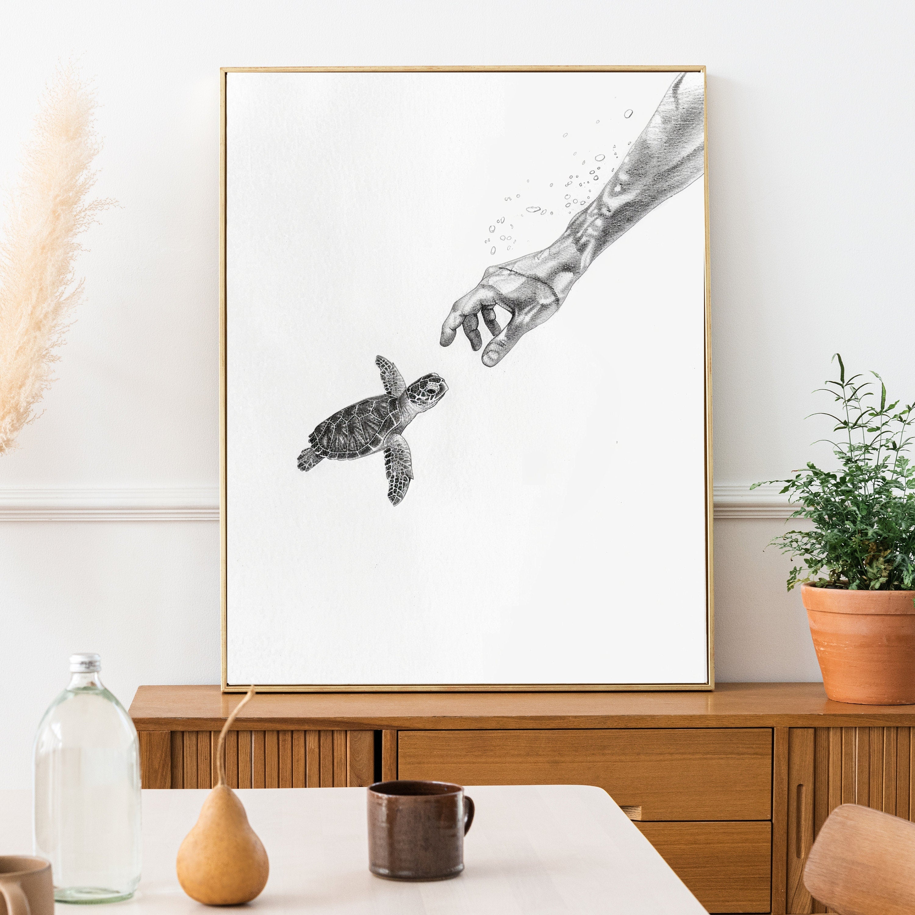 Becoming Friends - Ocean Connection - Pencil Sketch of Hand Reaching for Baby Turtle - Wildlife Art - Wall Deco